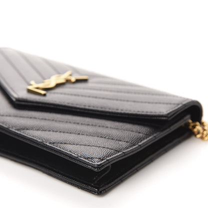 Saint Laurent Grain De Poudre Matelasse Chevron Monogram Envelope Chain Wallet Black 7 of 10