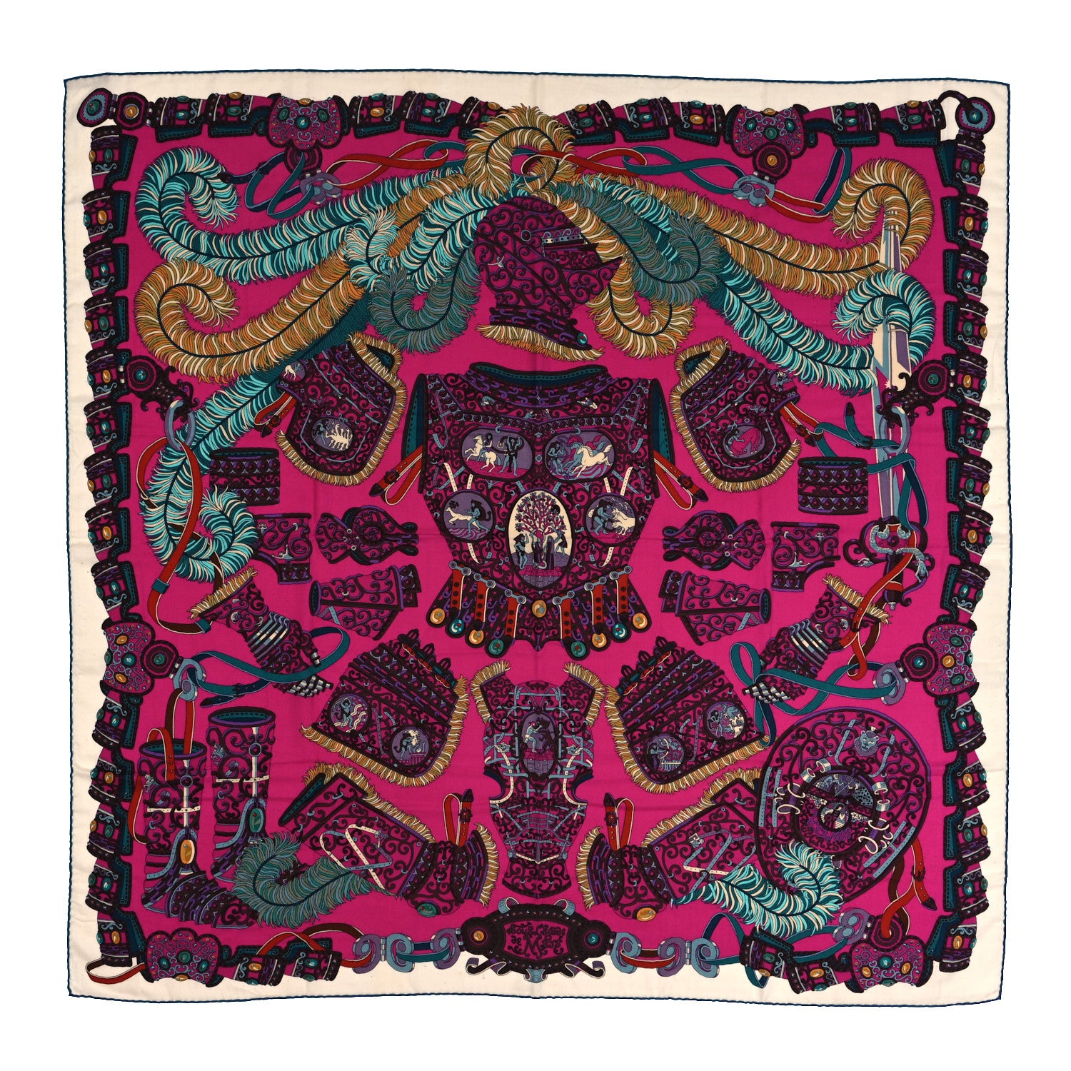 Hermes Cashmere Silk Sous L'Egide De Mars Shawl 140 Rose Vif Canard Prune 1 of 6