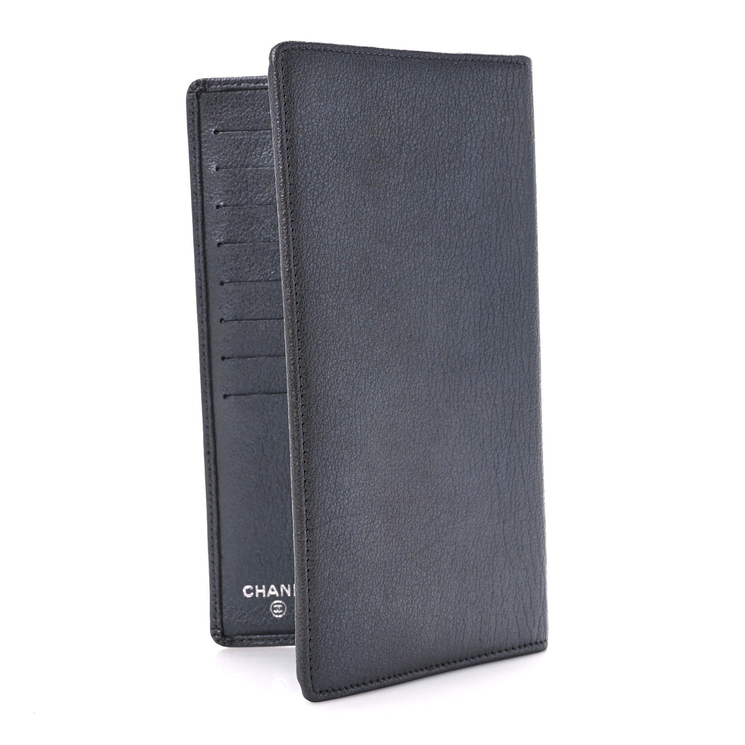 Chanel Metallic Goatskin Camellia Yen Wallet Navy 3 of 12