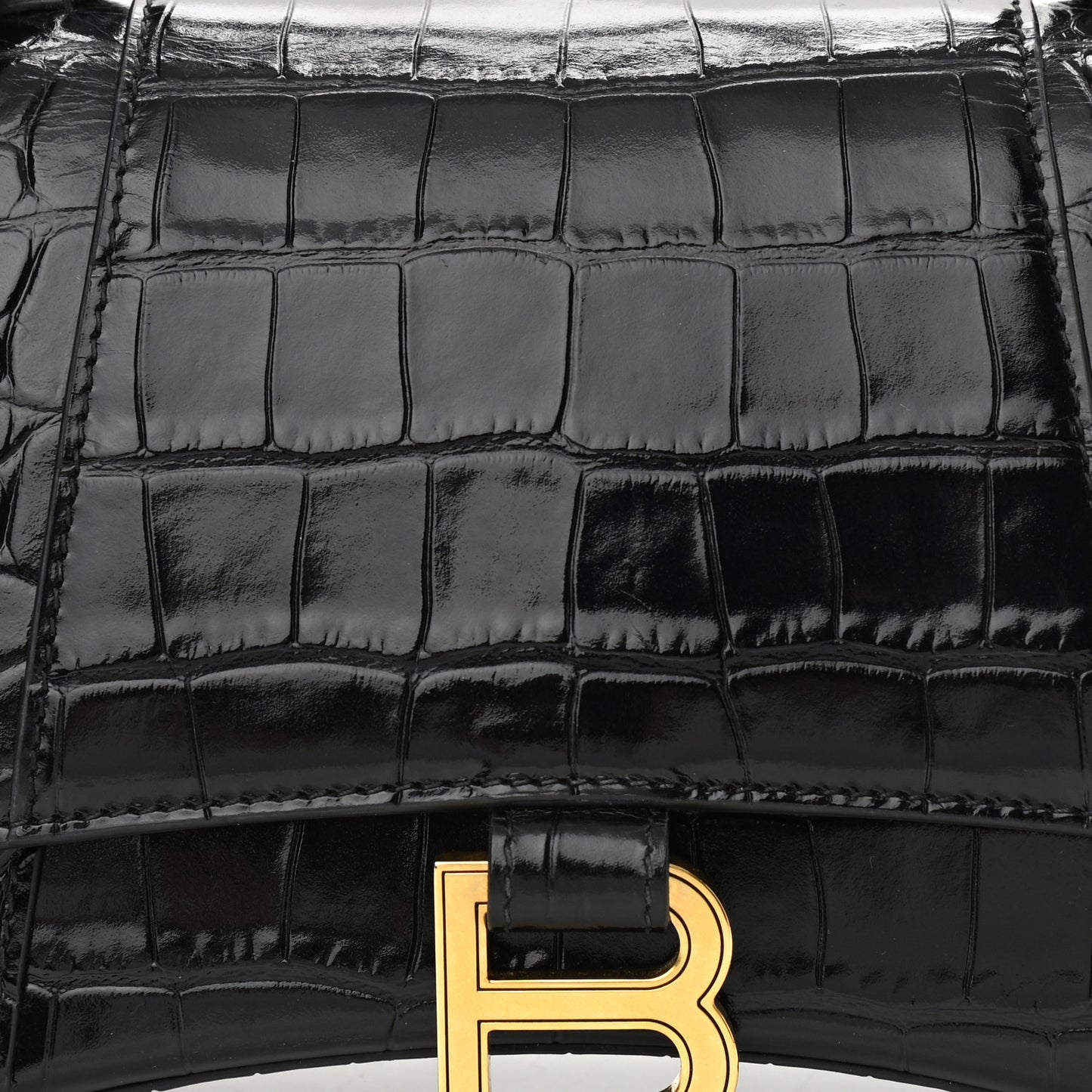 Shiny Calfskin Crocodile Embossed Small Hourglass Top Handle Bag Black