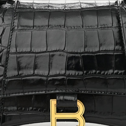 Balenciaga Shiny Calfskin Crocodile Embossed Small Hourglass Top Handle Bag Black 8 of 12