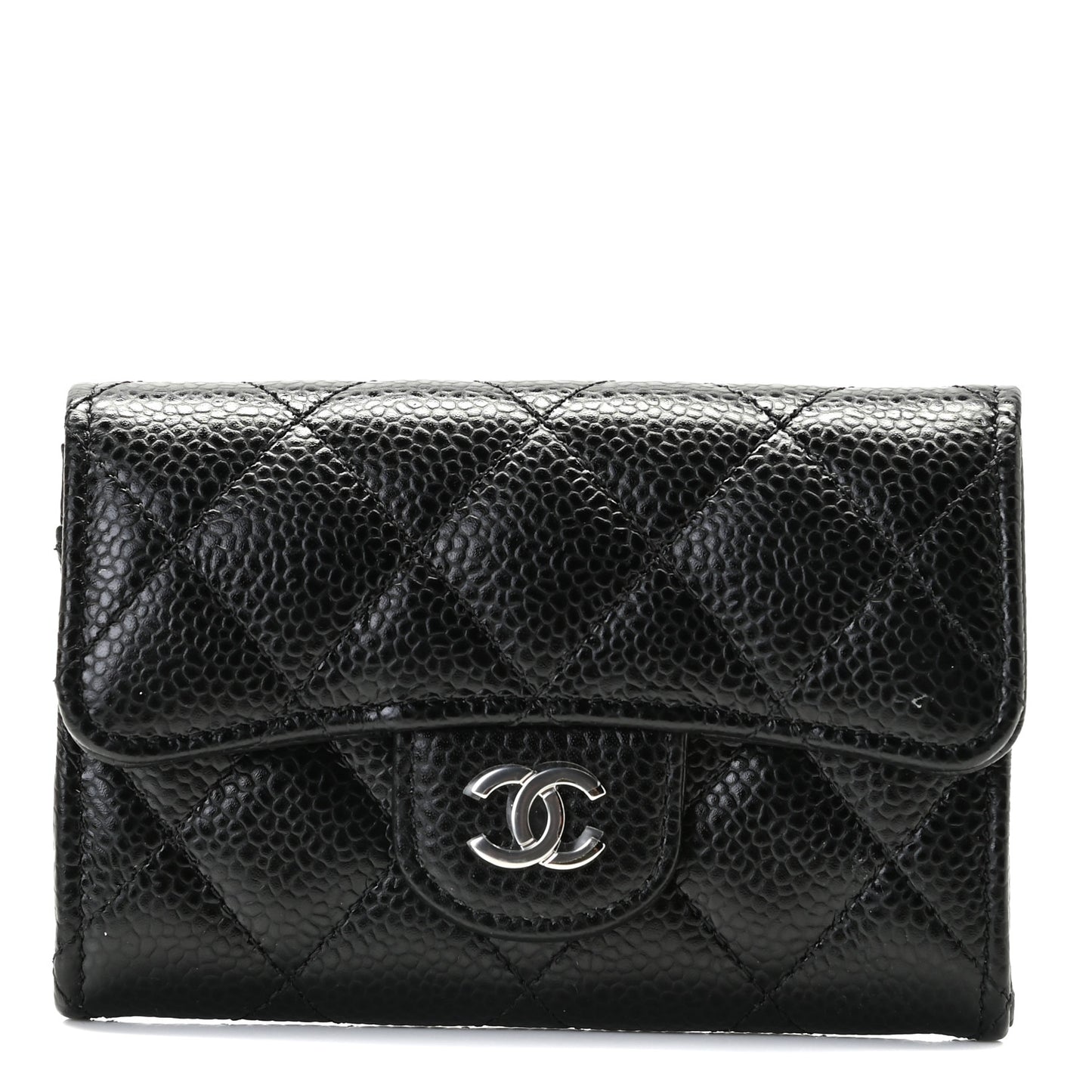 Caviar Quilted Flap Card Holder Wallet Black