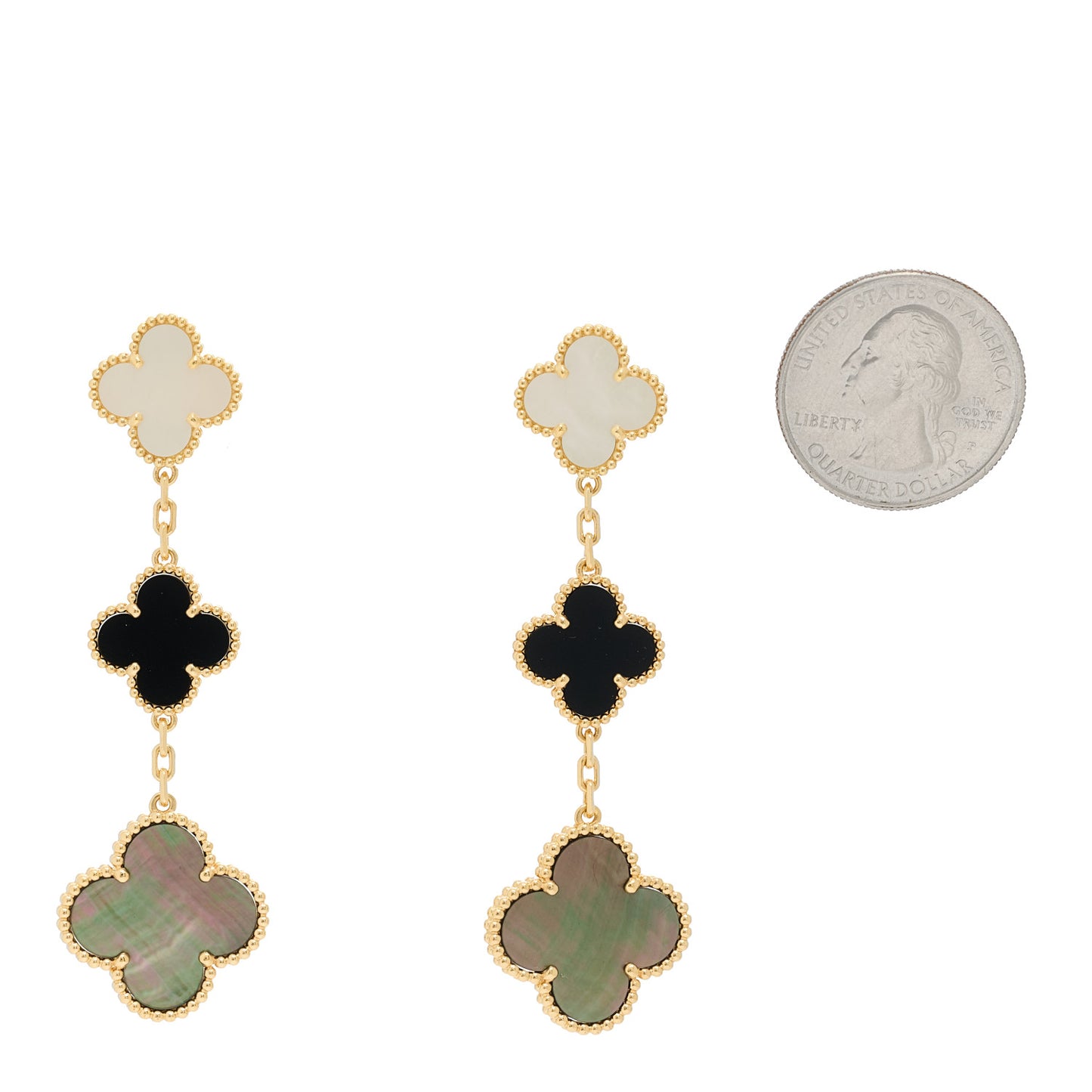 18K Yellow Gold Mother of Pearl Black Onyx 3 Motifs Magic Alhambra Earrings