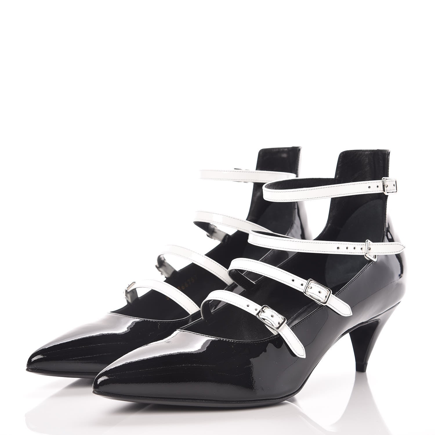 Saint Laurent Vitello Vernice Kitten 50 Strap Pumps 40 Black White Optique 3 of 9