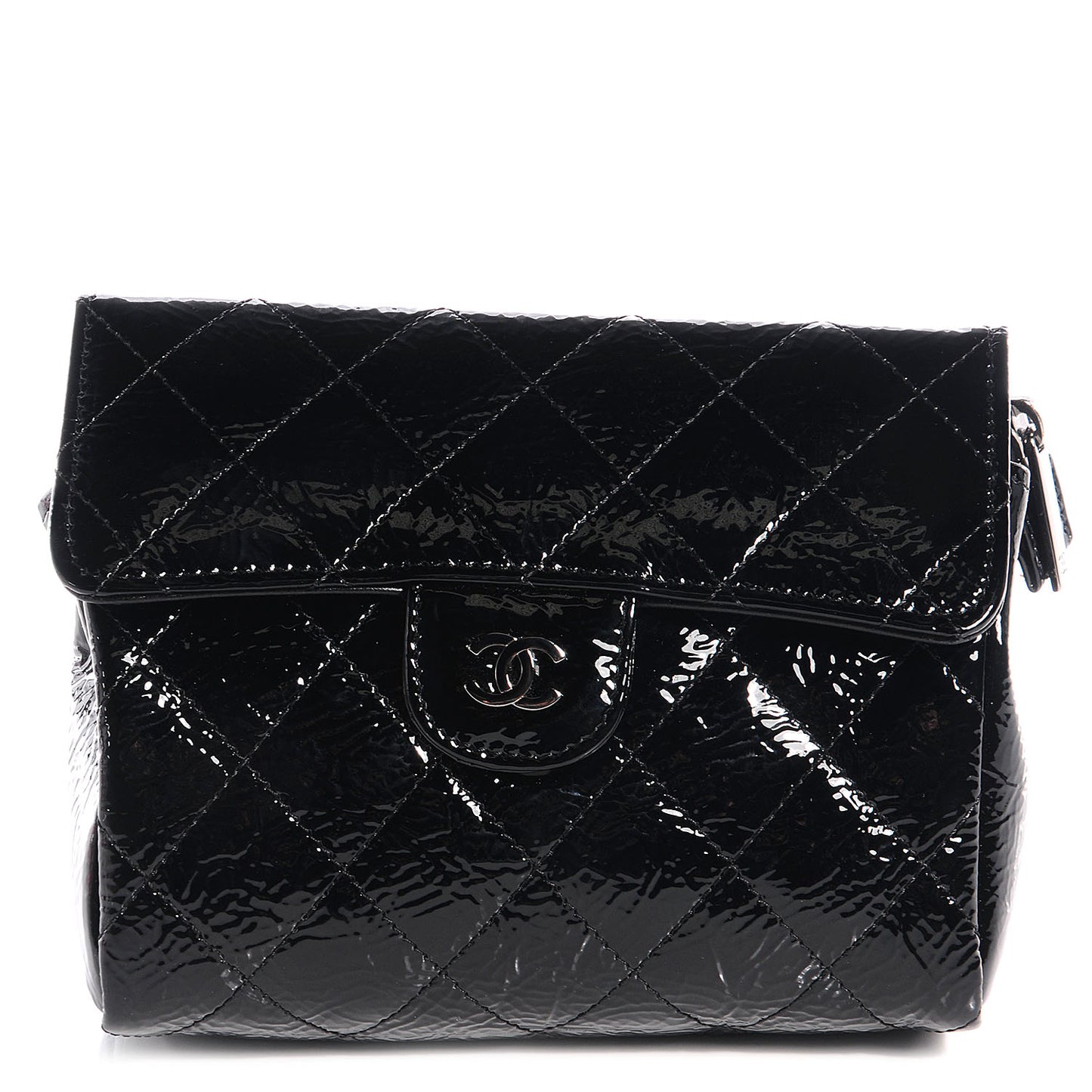 Distressed Patent Quilted Flap Cosmetic Case Black