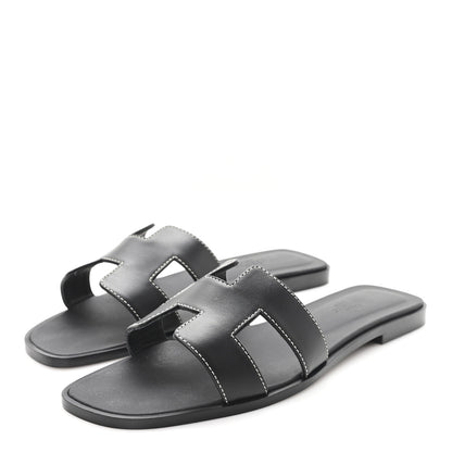 Hermes Box Calfskin Oran Sandals 37.5 Black 4 of 10