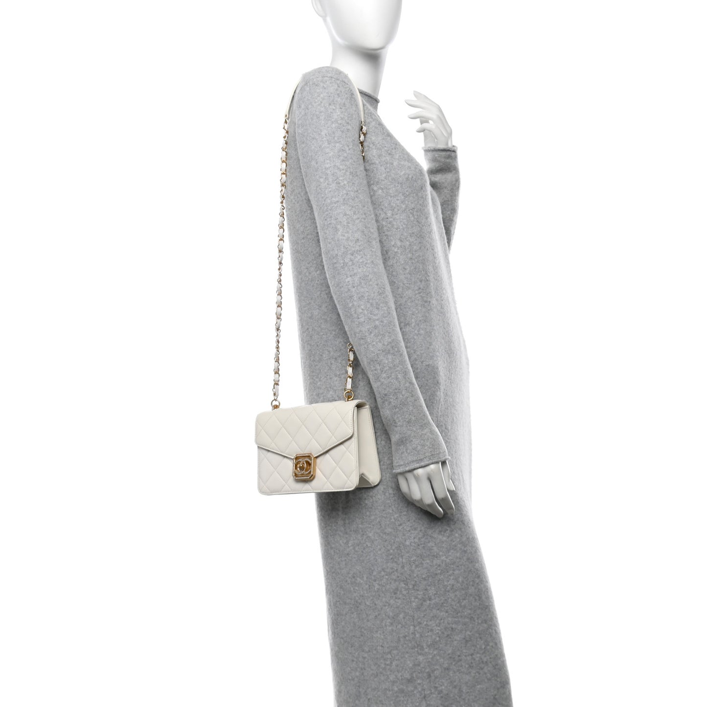 Calfskin Strass Quilted Flap White