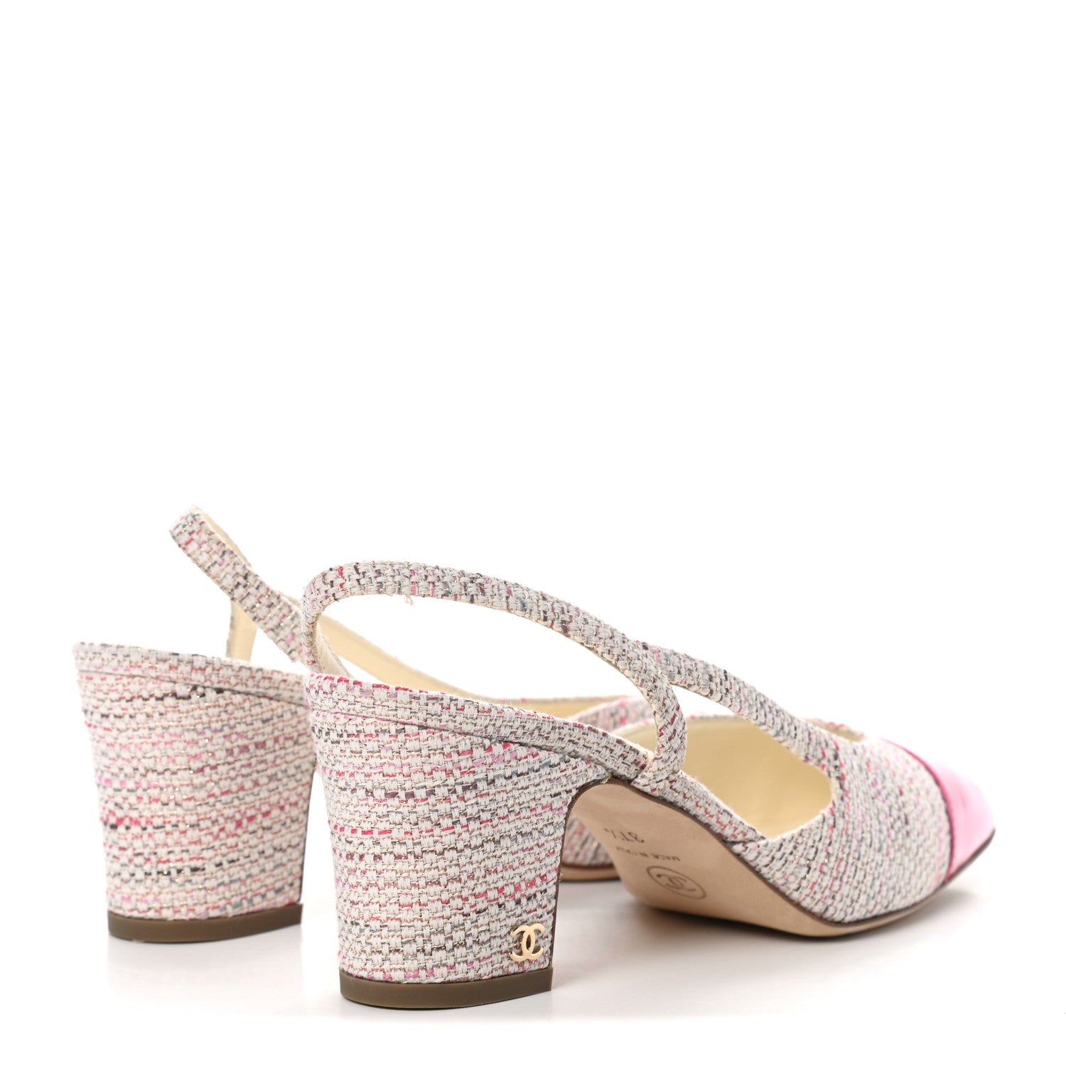 Chanel Tweed Patent Cap Toe CC Slingback Pumps 37.5 Pink White 4 of 10
