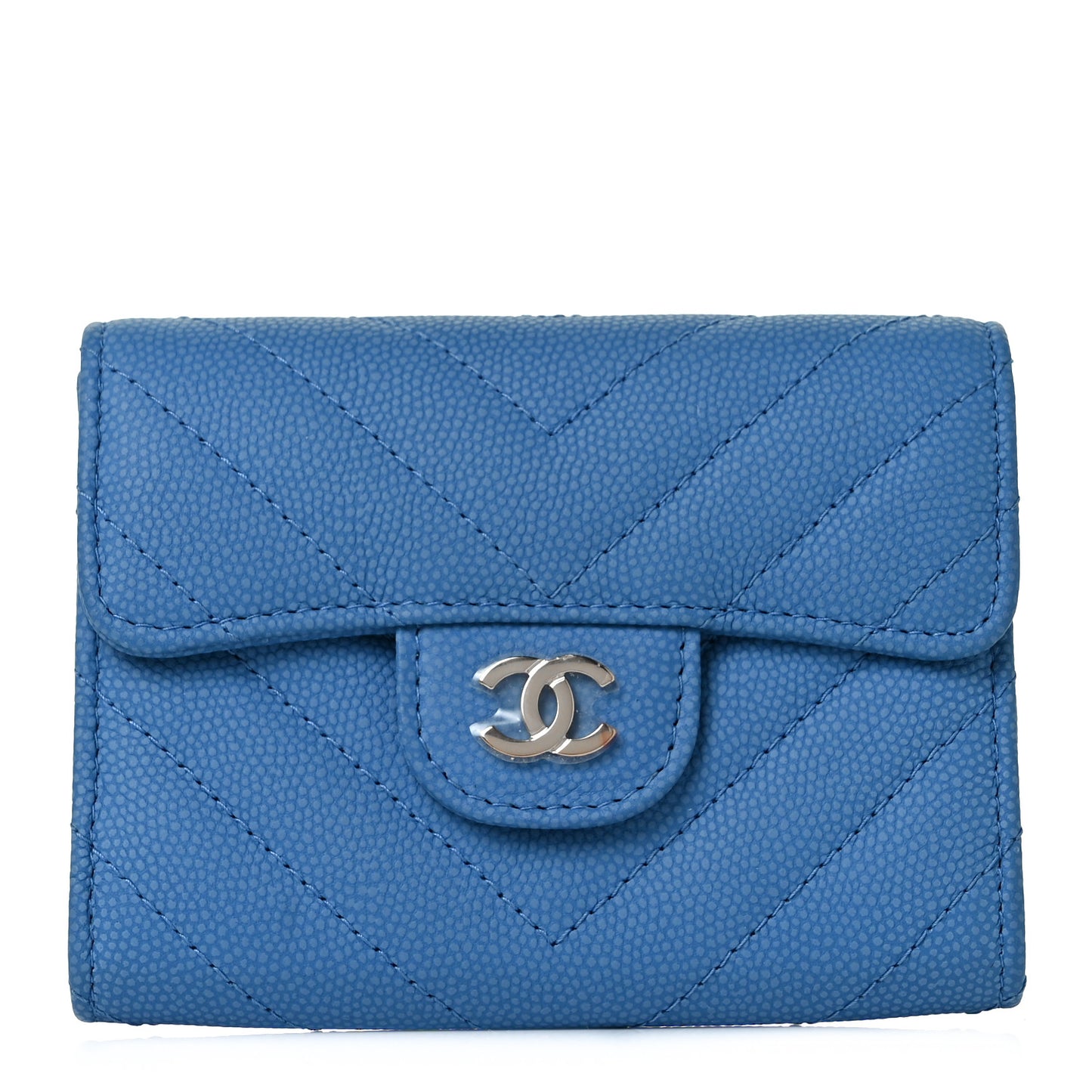 Caviar Flat Chevron Quilted Flap Card Holder Wallet Blue