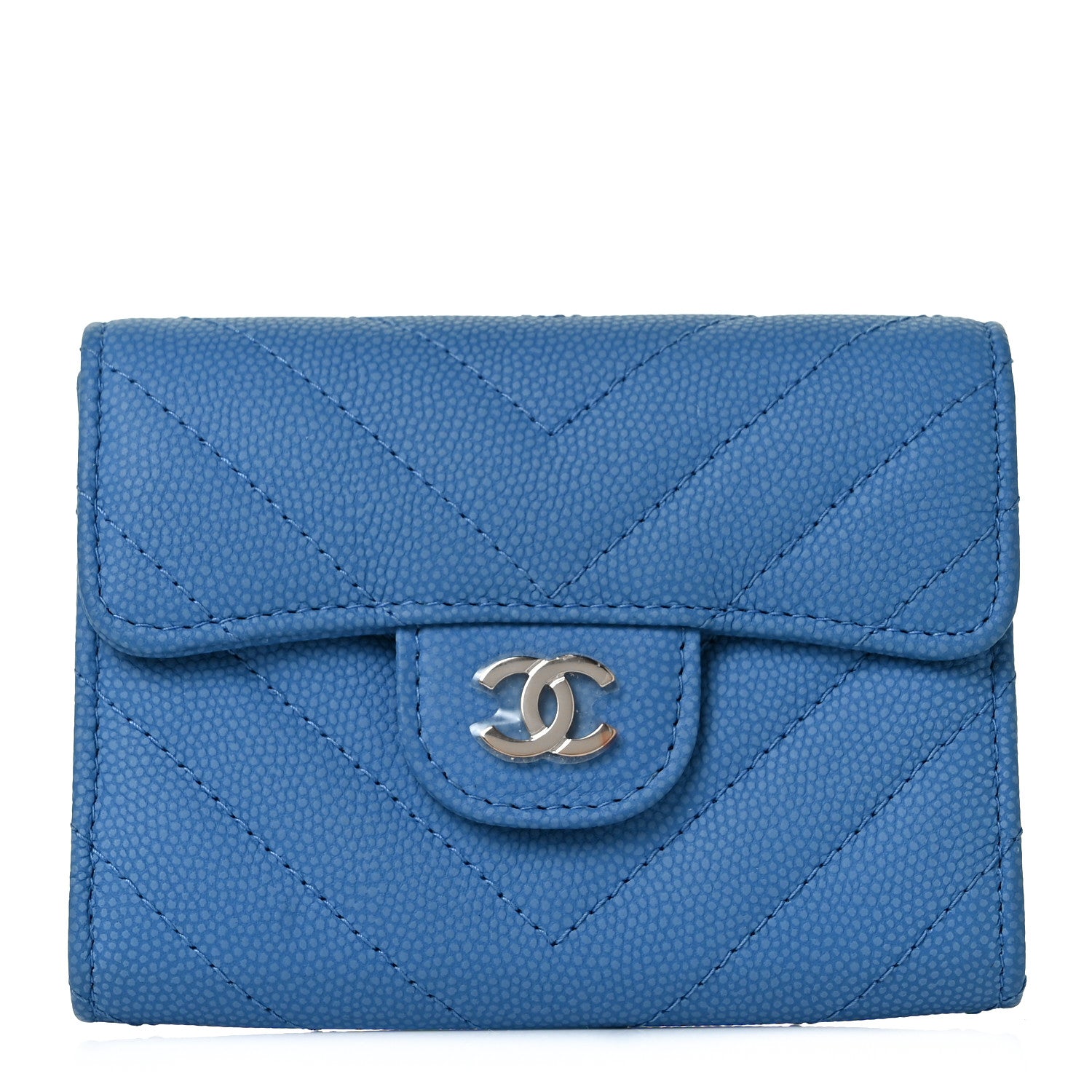 Chanel Caviar Flat Chevron Quilted Flap Card Holder Wallet Blue 1 of 11
