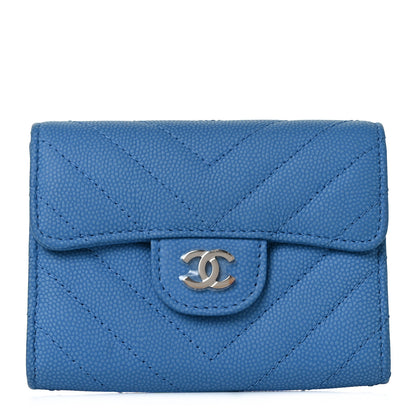 Chanel Caviar Flat Chevron Quilted Flap Card Holder Wallet Blue 1 of 11