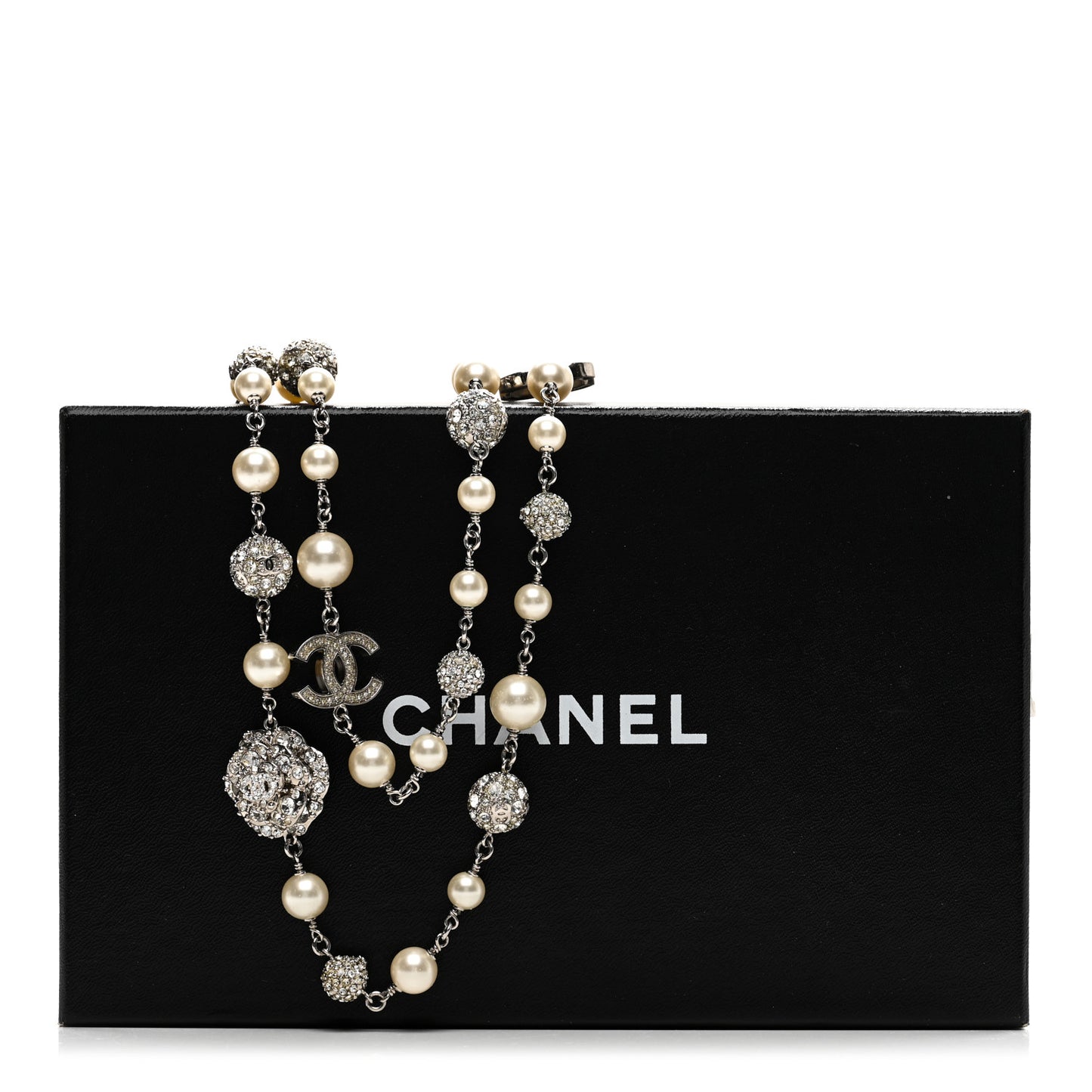 Pearl Crystal CC Camellia Long Necklace Silver
