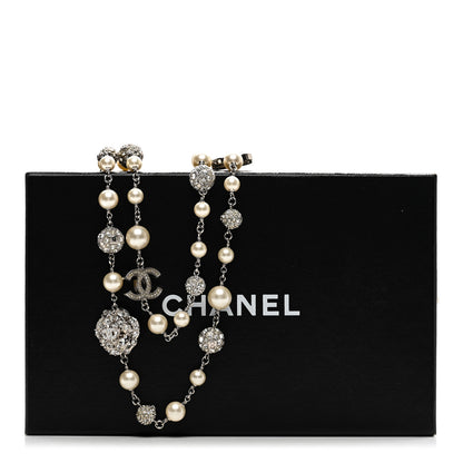 Chanel Pearl Crystal CC Camellia Long Necklace Silver 6 of 6
