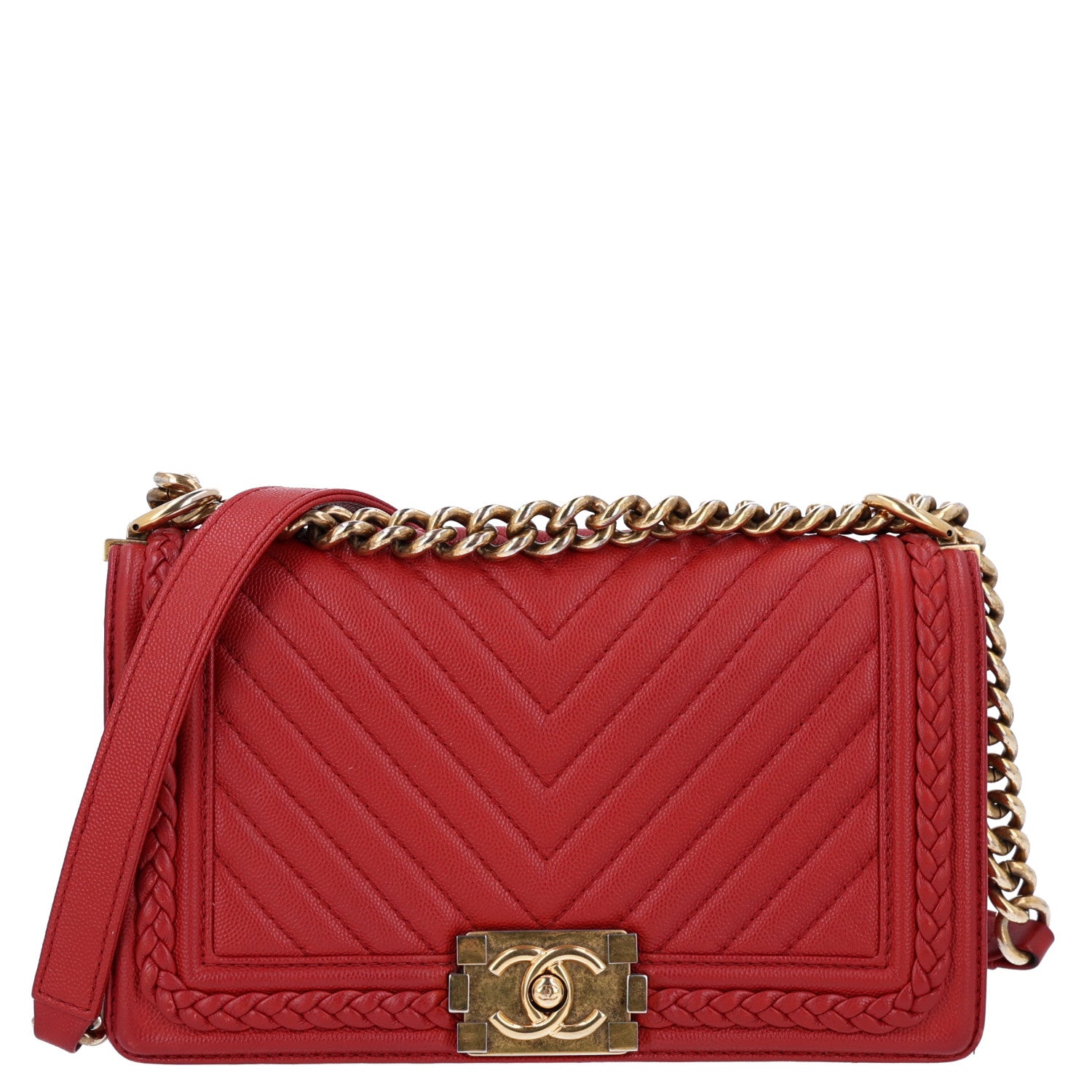 Chanel Caviar Chevron Quilted Braided Medium Boy Flap Red 1 of 10