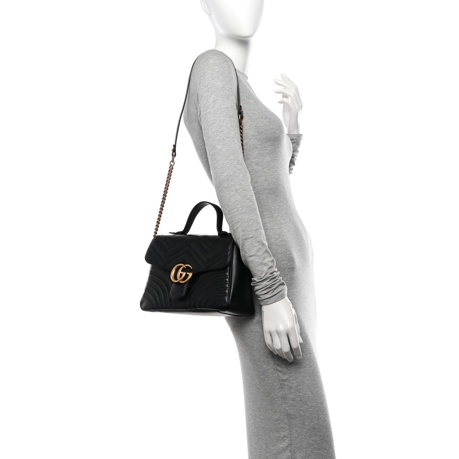 Gucci Calfskin Matelasse Small GG Marmont Top Handle Shoulder Bag Black 2 of 10