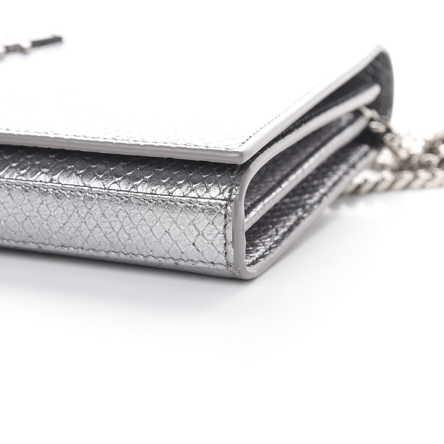 Metallic Calfskin Python Embossed Monogram Chain Wallet Silver