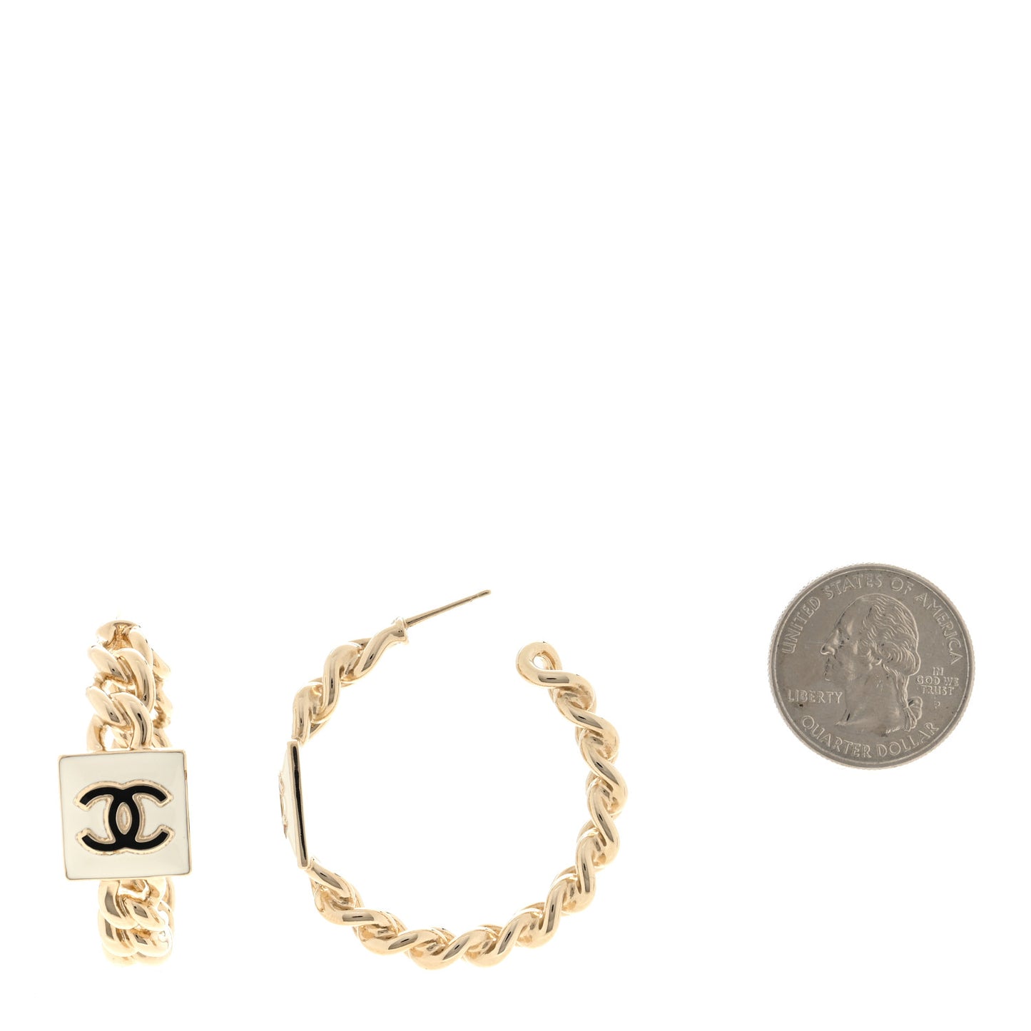 Metal Enamel CC Square Chain Hoop Earrings Gold White