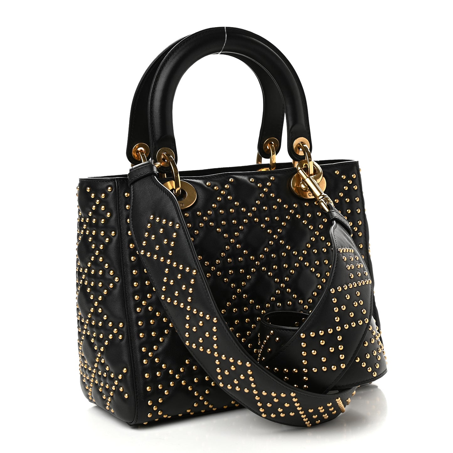 Calfskin Cannage Studded Medium Supple Lady Dior Black