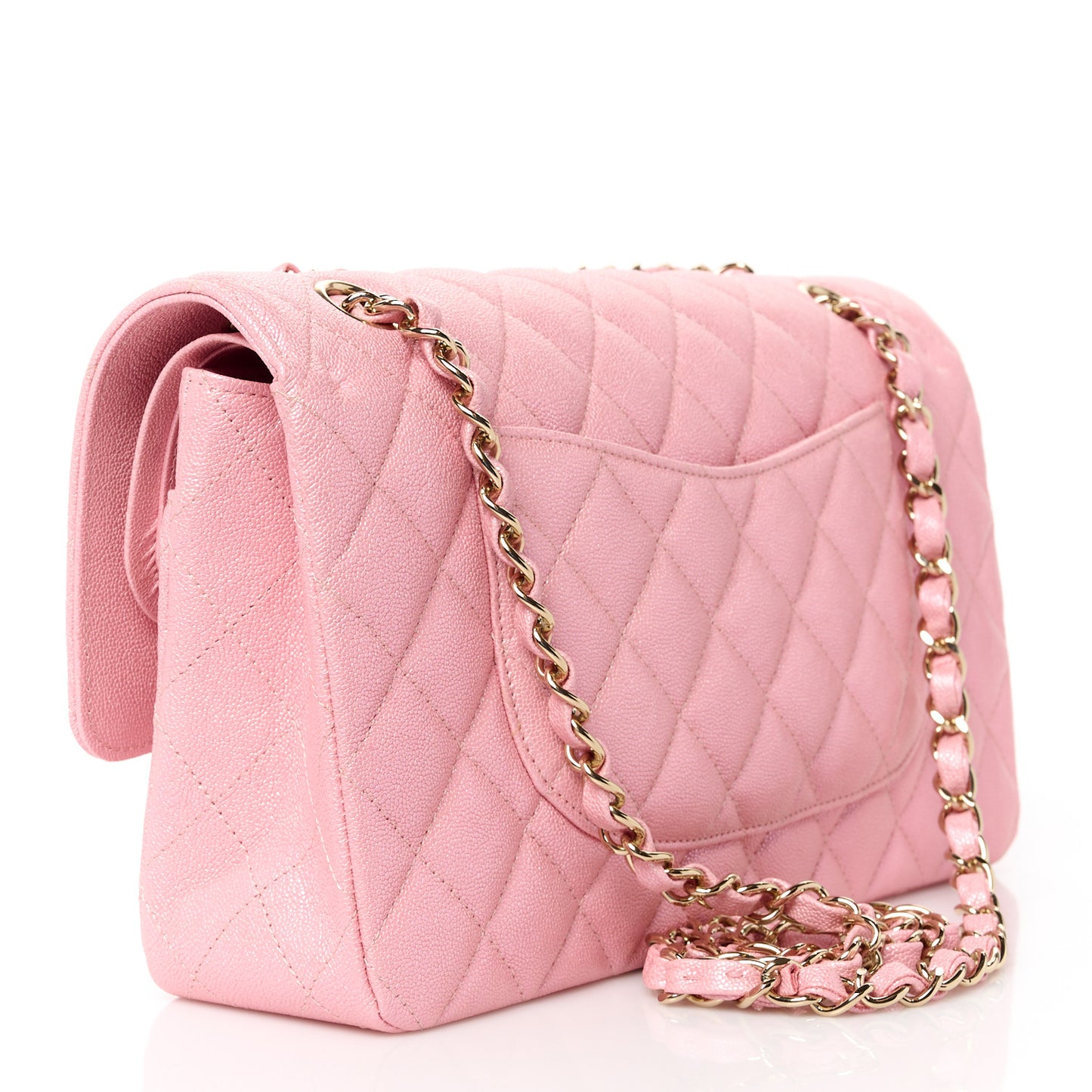 Iridescent Caviar Quilted Medium Double Flap Rose Pink