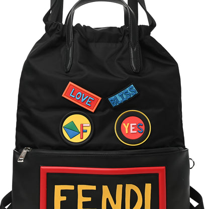 Fendi Nylon Vitello Faces Vocabulary Drawstring Backpack Black 8 of 11