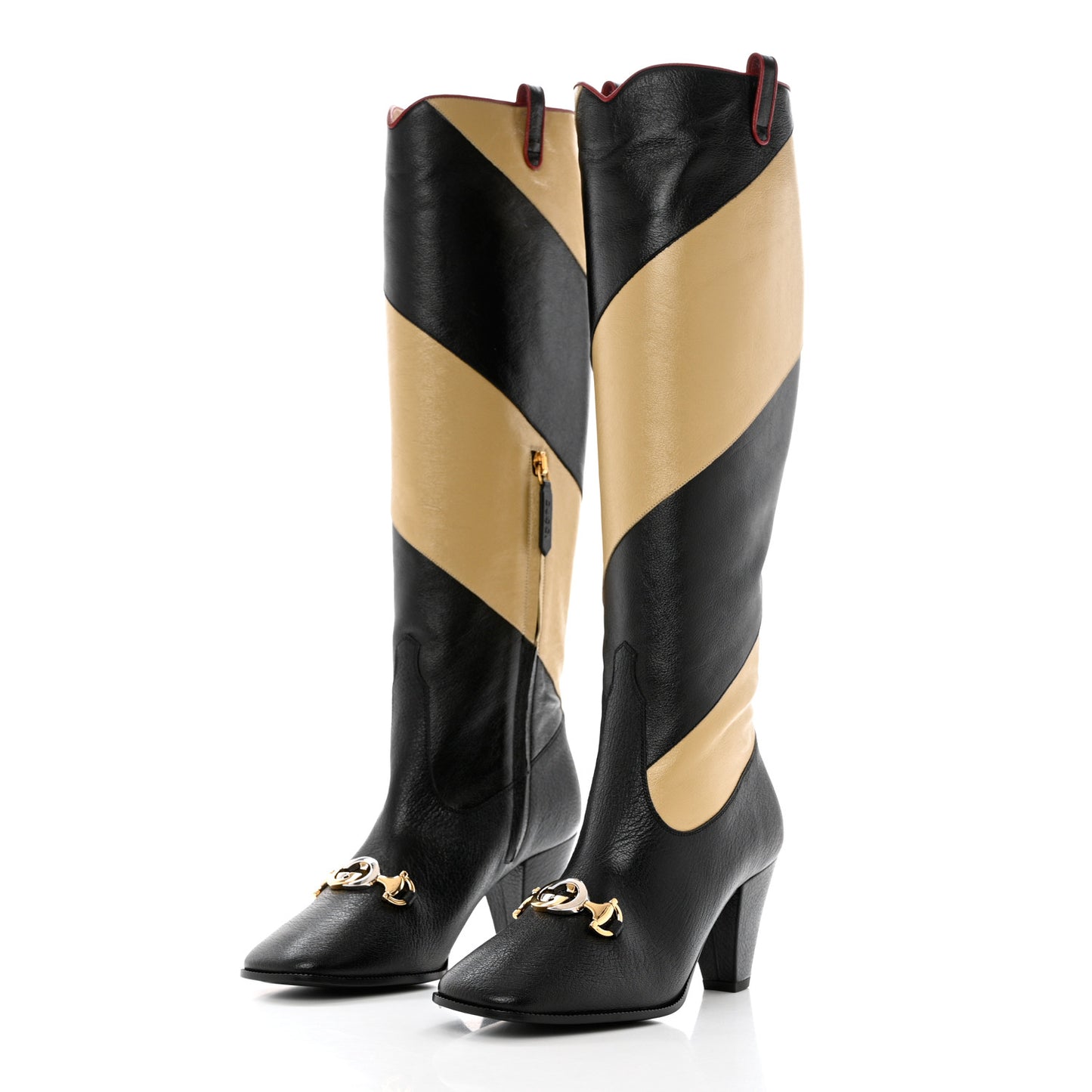 Calfskin Wrinkled Kid Diagonal Striped Zumi Knee Boots 36 Black Beige Romantic Cherry