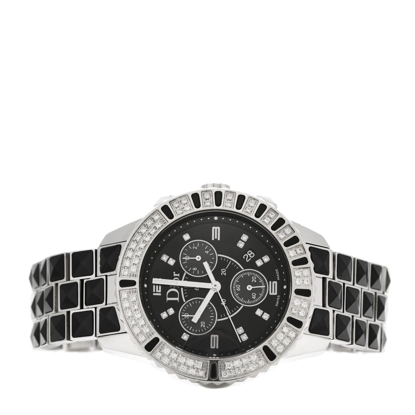 Stainless Steel Diamond Pave Bezel Sapphire 38mm Christal Chronograph Quartz Watch Black