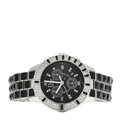 Christian Dior Stainless Steel Diamond Pave Bezel Sapphire 38mm Christal Chronograph Quartz Watch Black 2 of 5