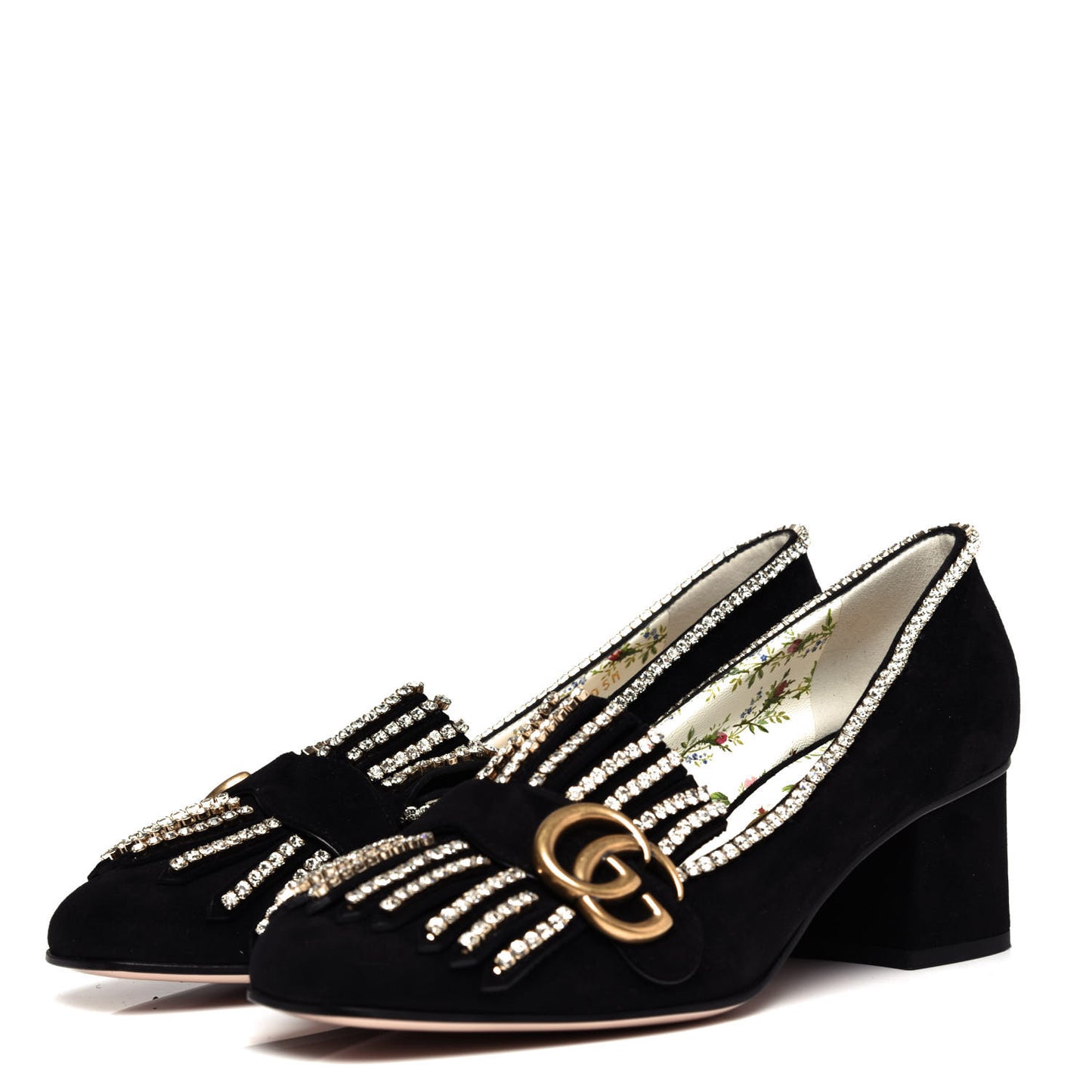 Kid Scamosciato Crystal GG Marmont Fringe 50mm Loafer Pumps 37.5 Black