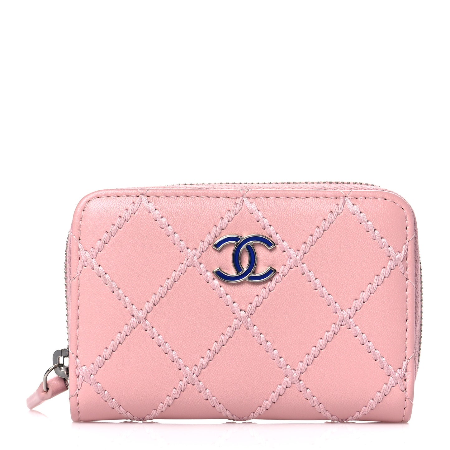 Lambskin Double Stitch Zip Coin Purse Pink