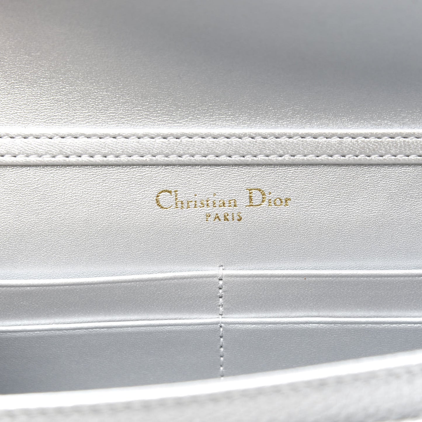 Metallic Grained Calfskin Diorama Wallet on Chain Pouch Silver