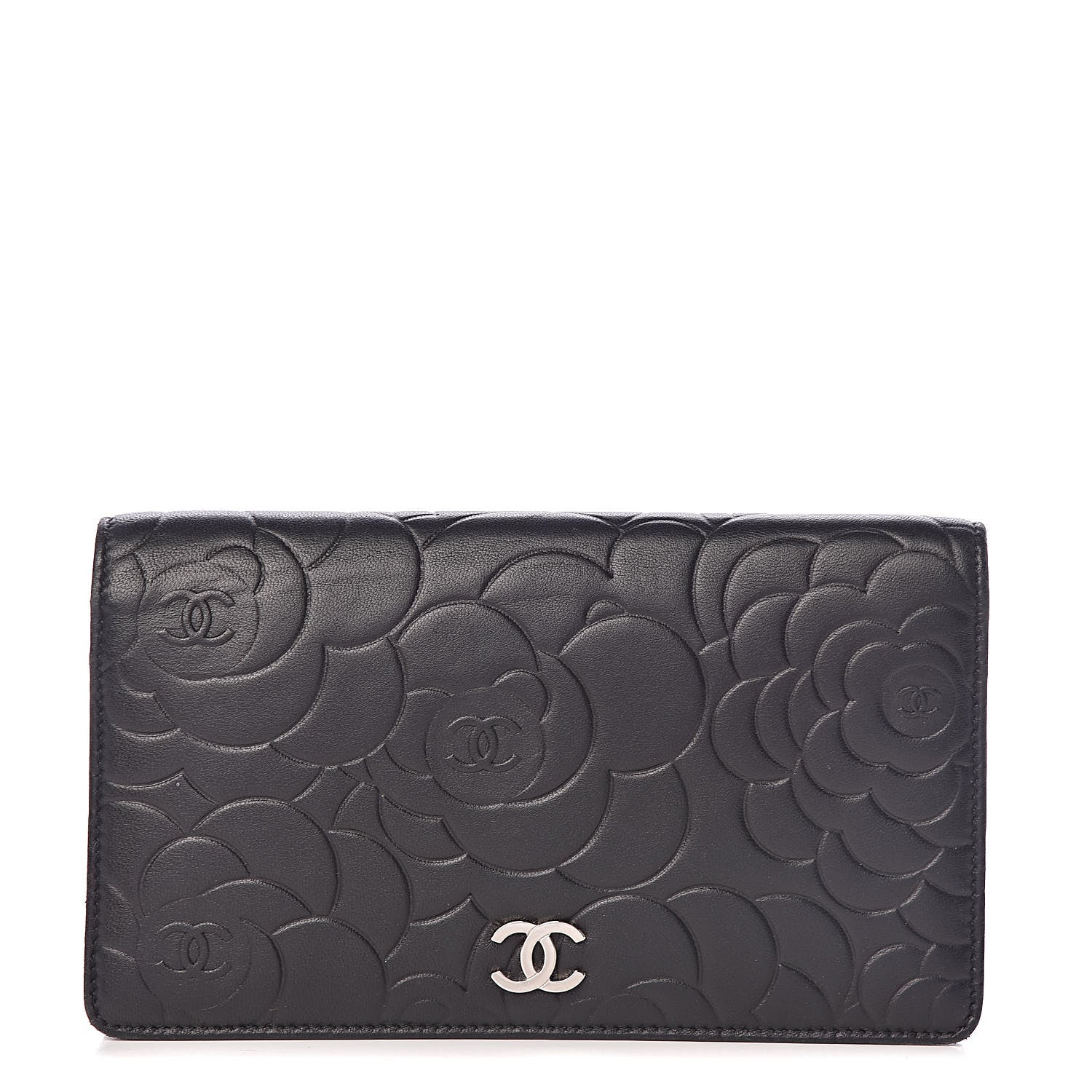 Chanel Lambskin Camellia Embossed Yen Wallet Black 1 of 9