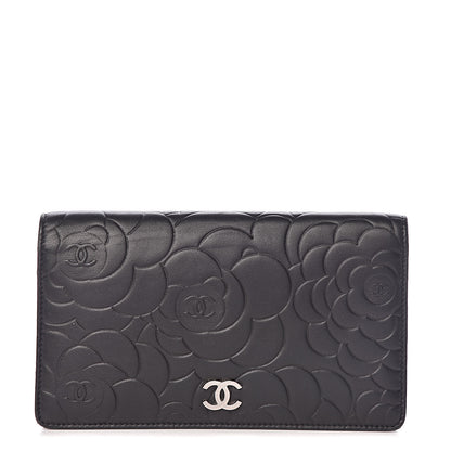 Chanel Lambskin Camellia Embossed Yen Wallet Black 1 of 9