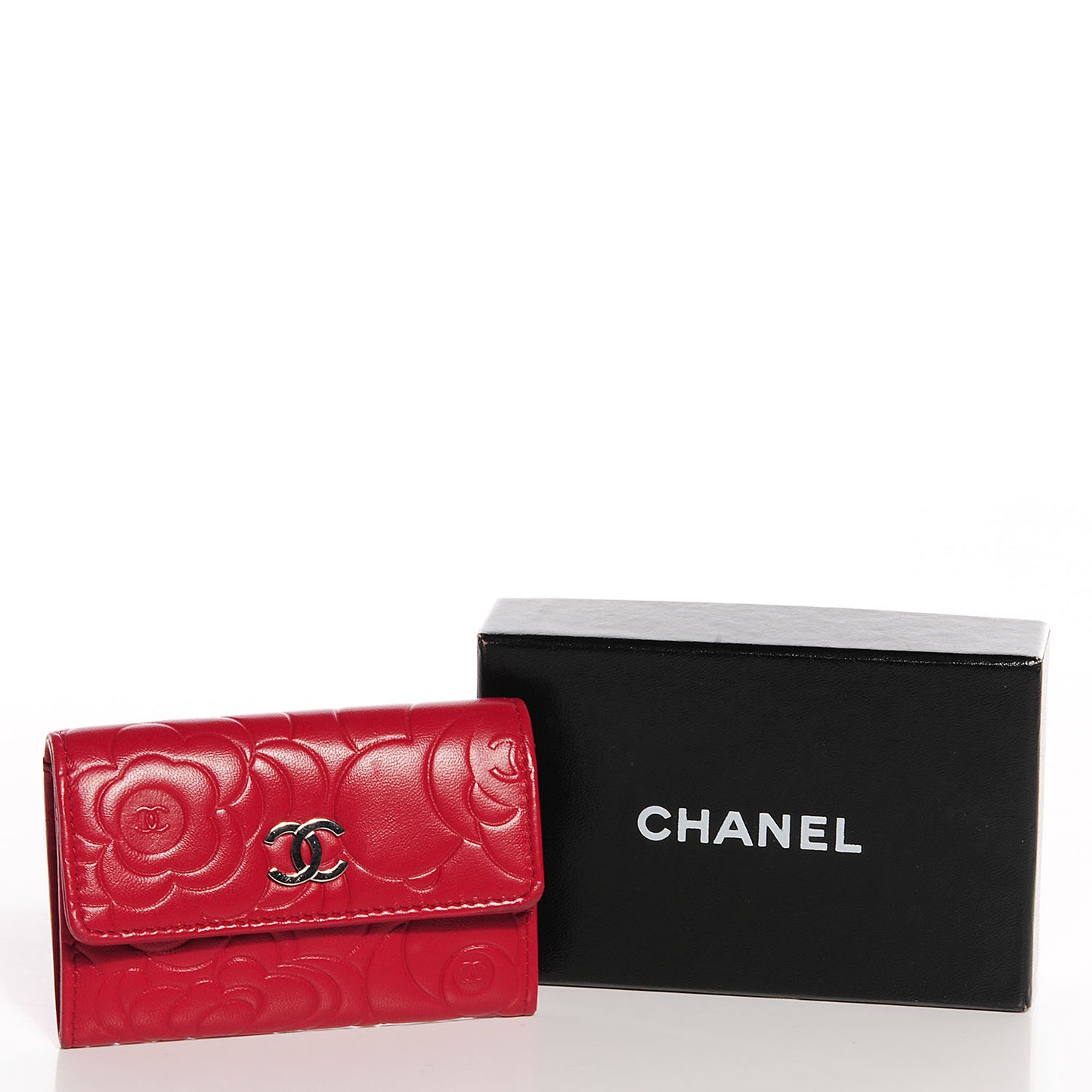 Lambskin Camellia Embossed Card Holder Wallet Rouge