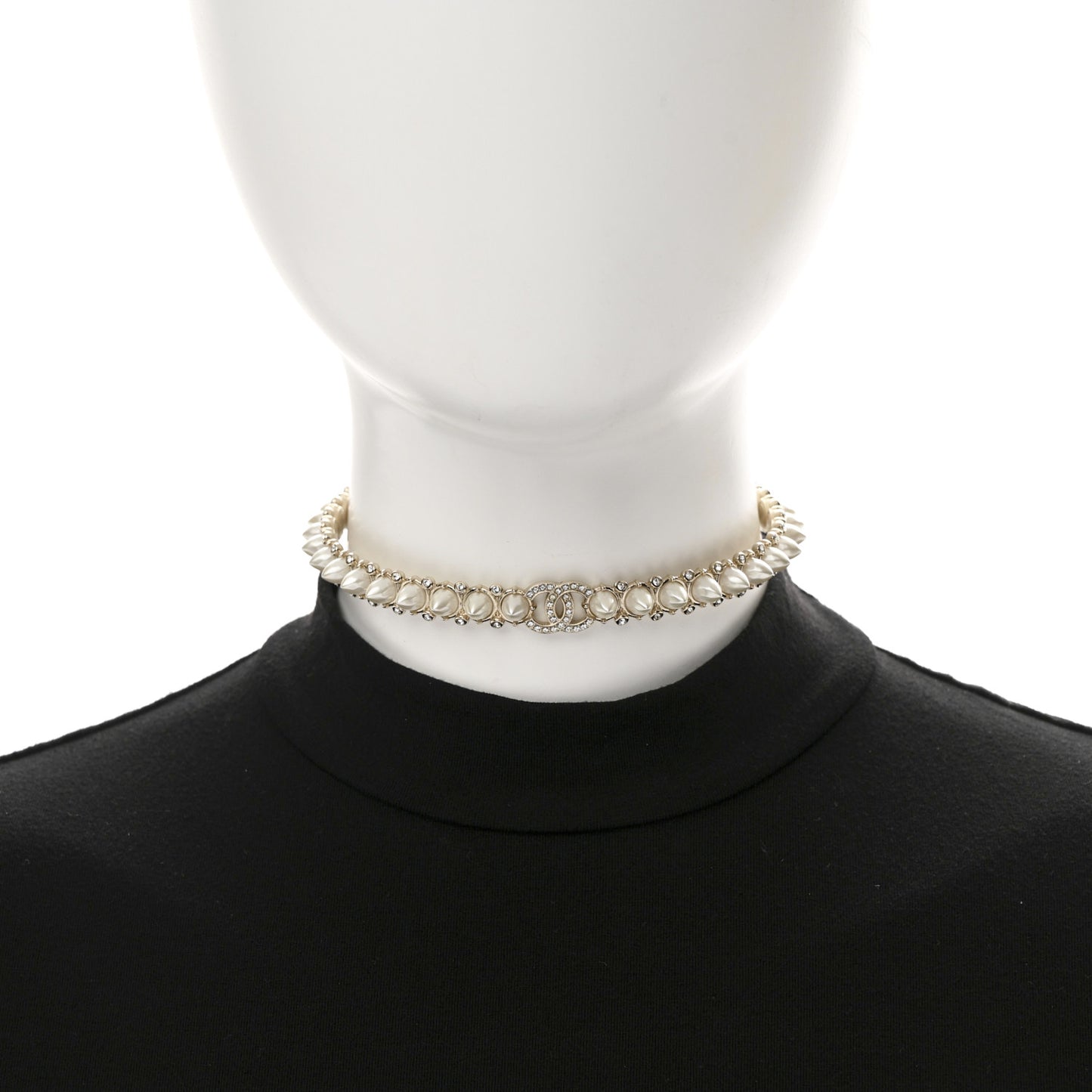 Strass Crystal Studded Pearl CC Choker Necklace Gold Pearly White