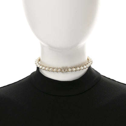 Chanel Strass Crystal Studded Pearl CC Choker Necklace Gold Pearly White 2 of 7