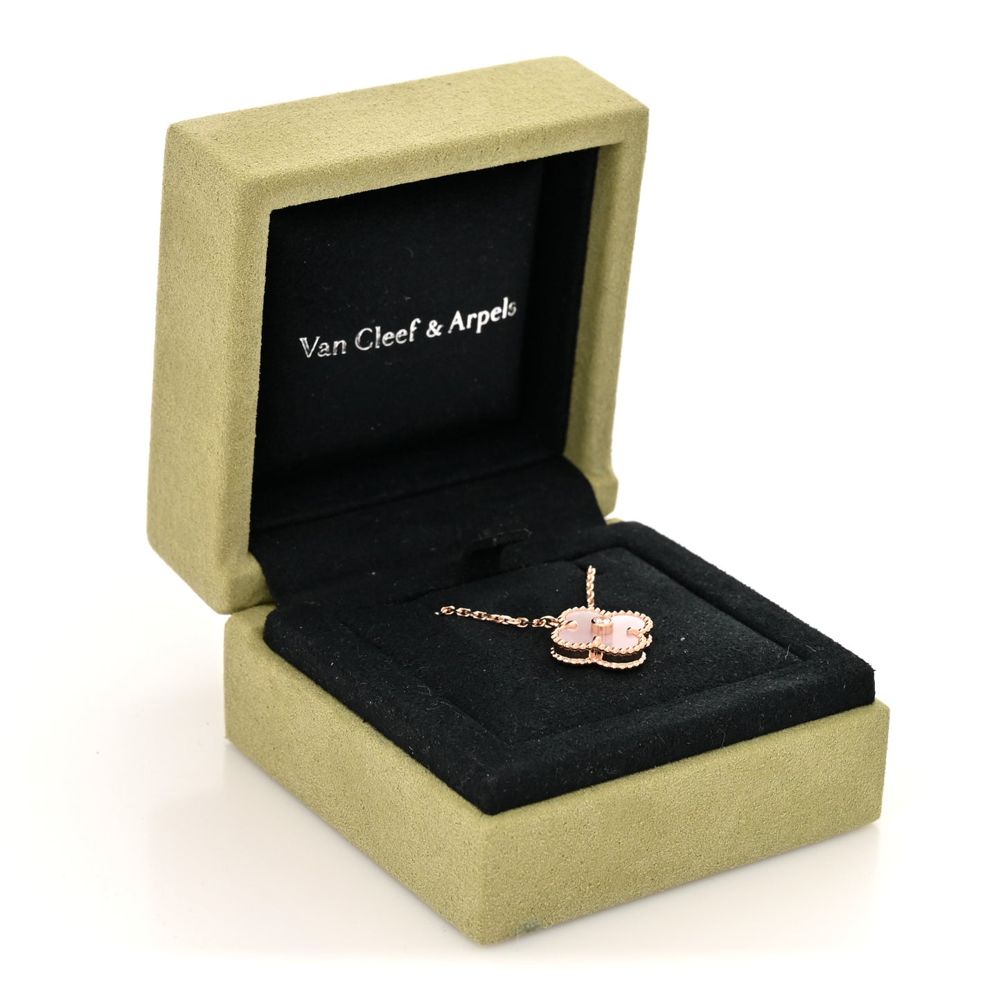 18K Rose Gold Diamond Pink Mother of Pearl Vintage Alhambra Pendant Necklace