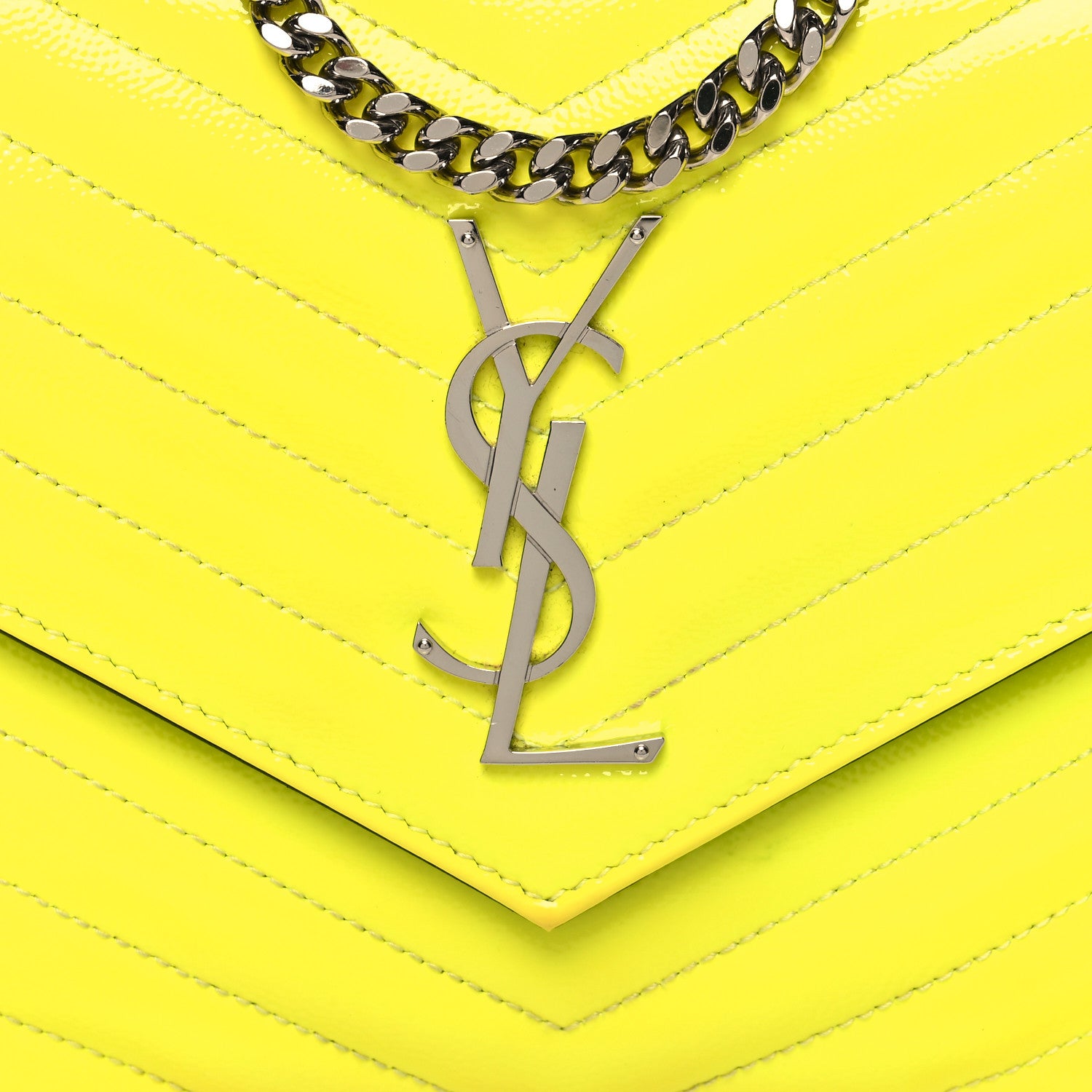 Saint Laurent Patent Grain De Poudre Matelasse Chevron Monogram Chain Wallet Neon Yellow 8 of 12