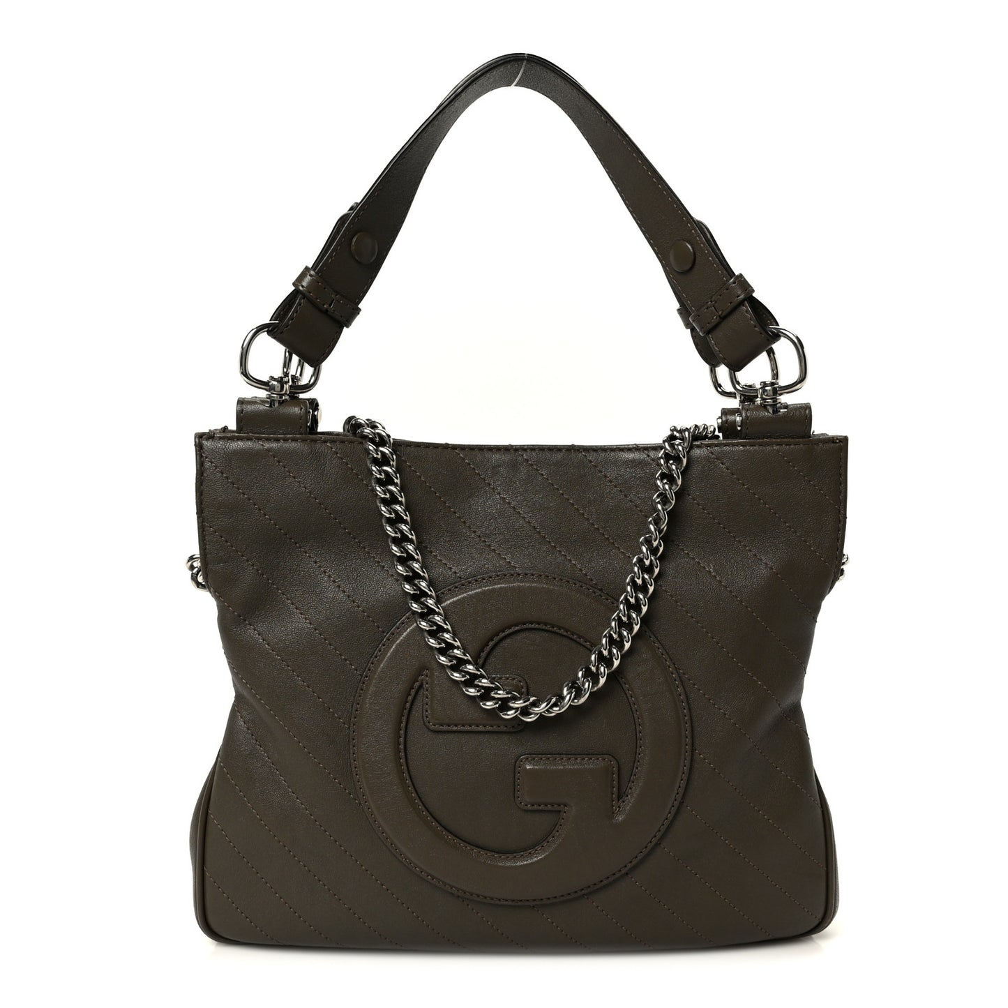 Sakai Be Green Calfskin Diagonal Stitched Small Blondie Tote Craclet Brown