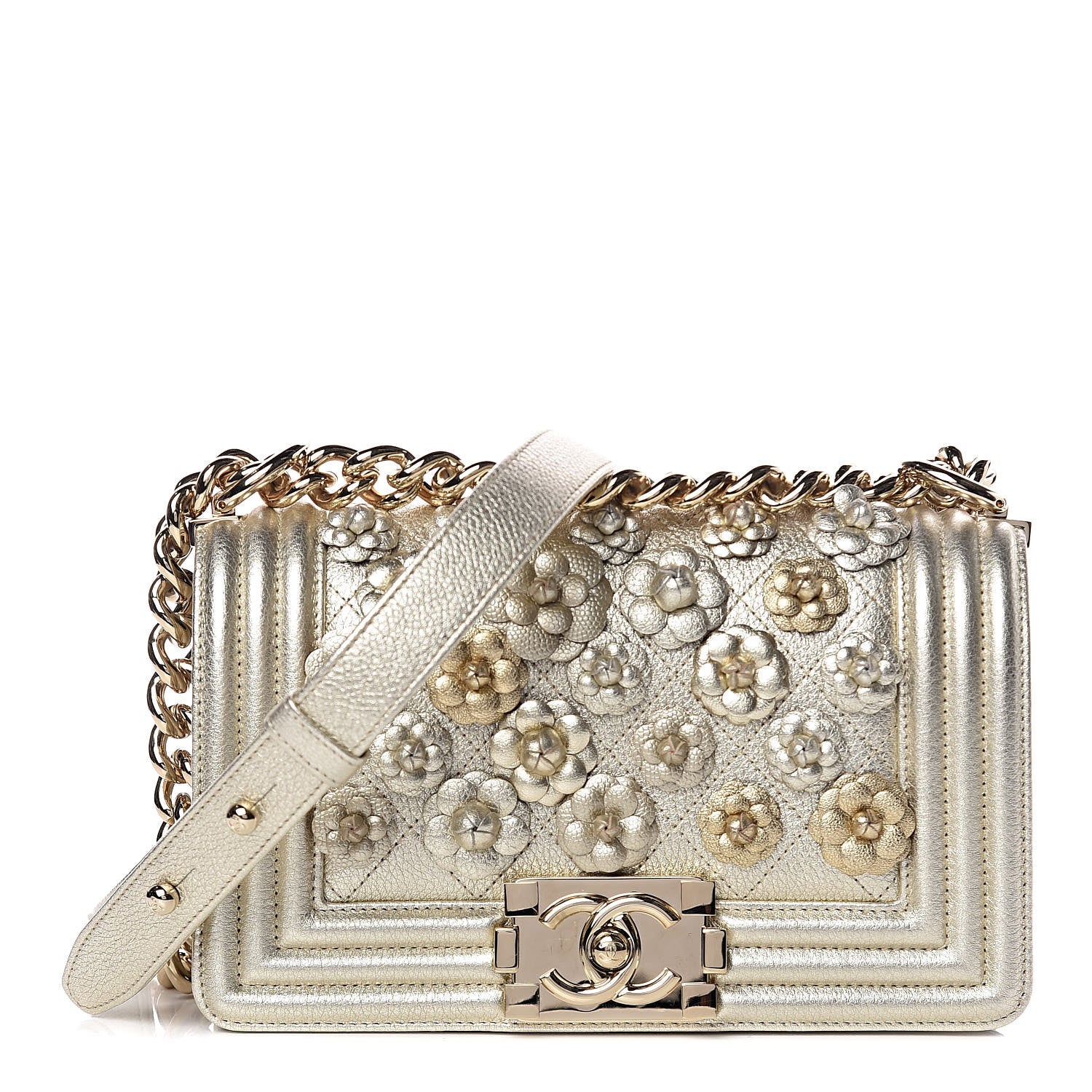 Chanel Metallic Calfskin Quilted Camellia Small Boy Flap Gold 1 of 9