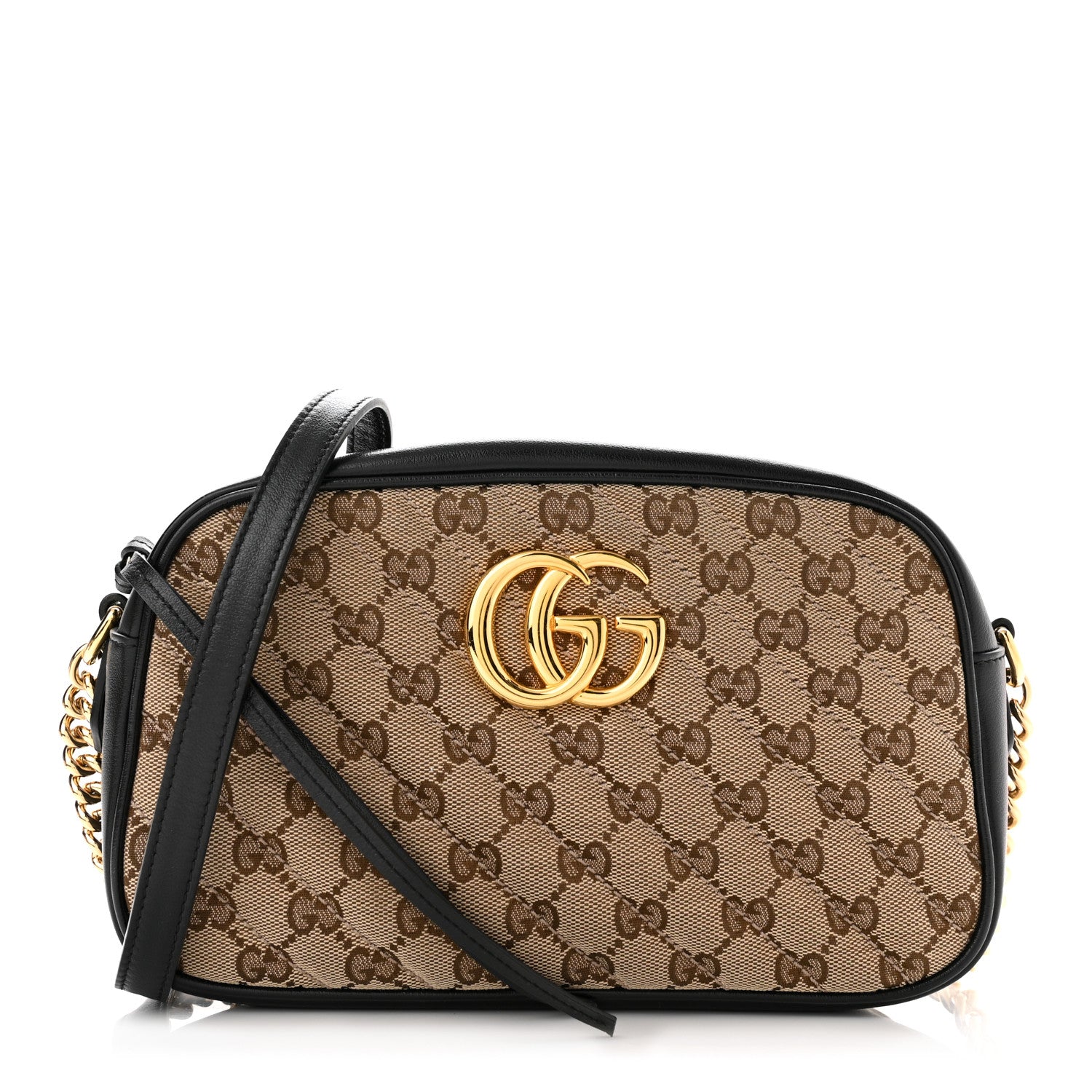 Gucci Monogram Matelasse Diagonal Small GG Marmont Chain Shoulder Bag Beige Black 1 of 10