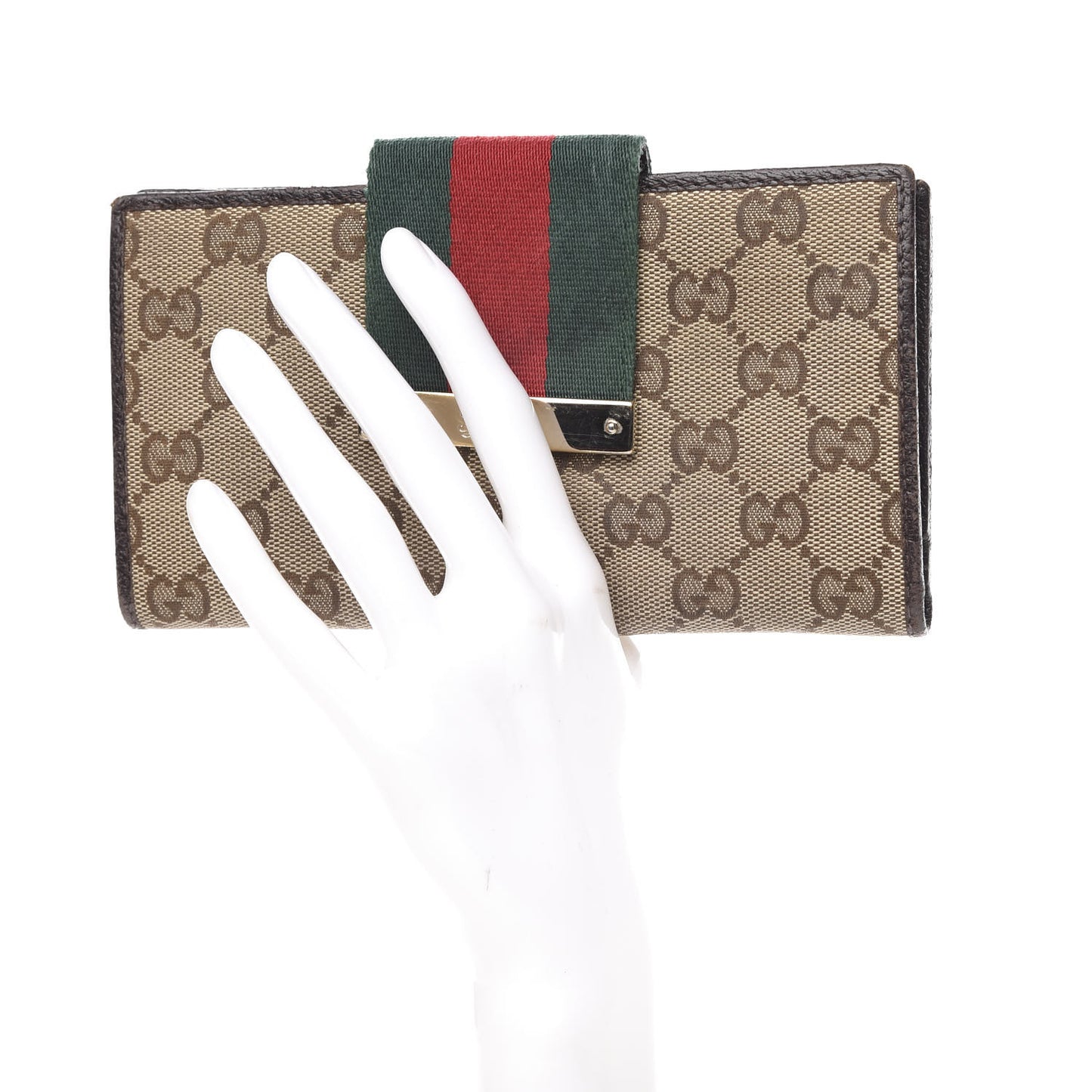 Monogram Calfskin Ladies Web Continental Wallet Beige Ebony Cocoa