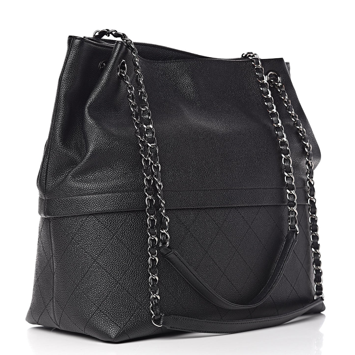 Crumpled Grained Calfskin Zip and Carry Shopping Tote Black