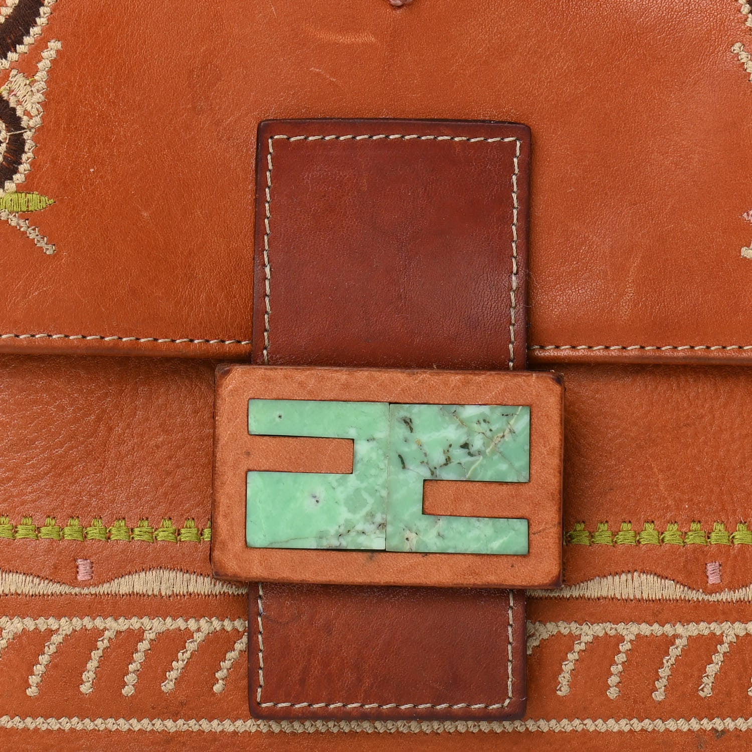 Fendi Calfskin Embroidered Baguette Brown 9 of 14