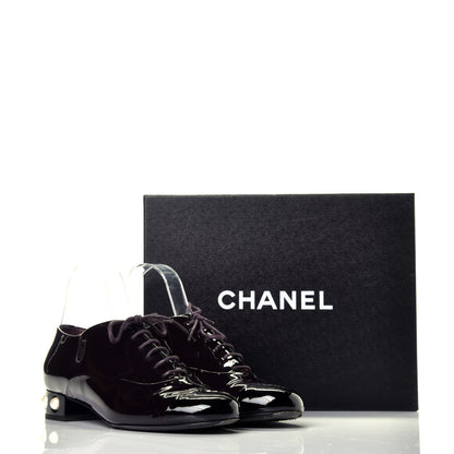 Chanel Patent Calfskin Pearl CC Lace Up Oxfords 39.5 Burgundy Black 10 of 10