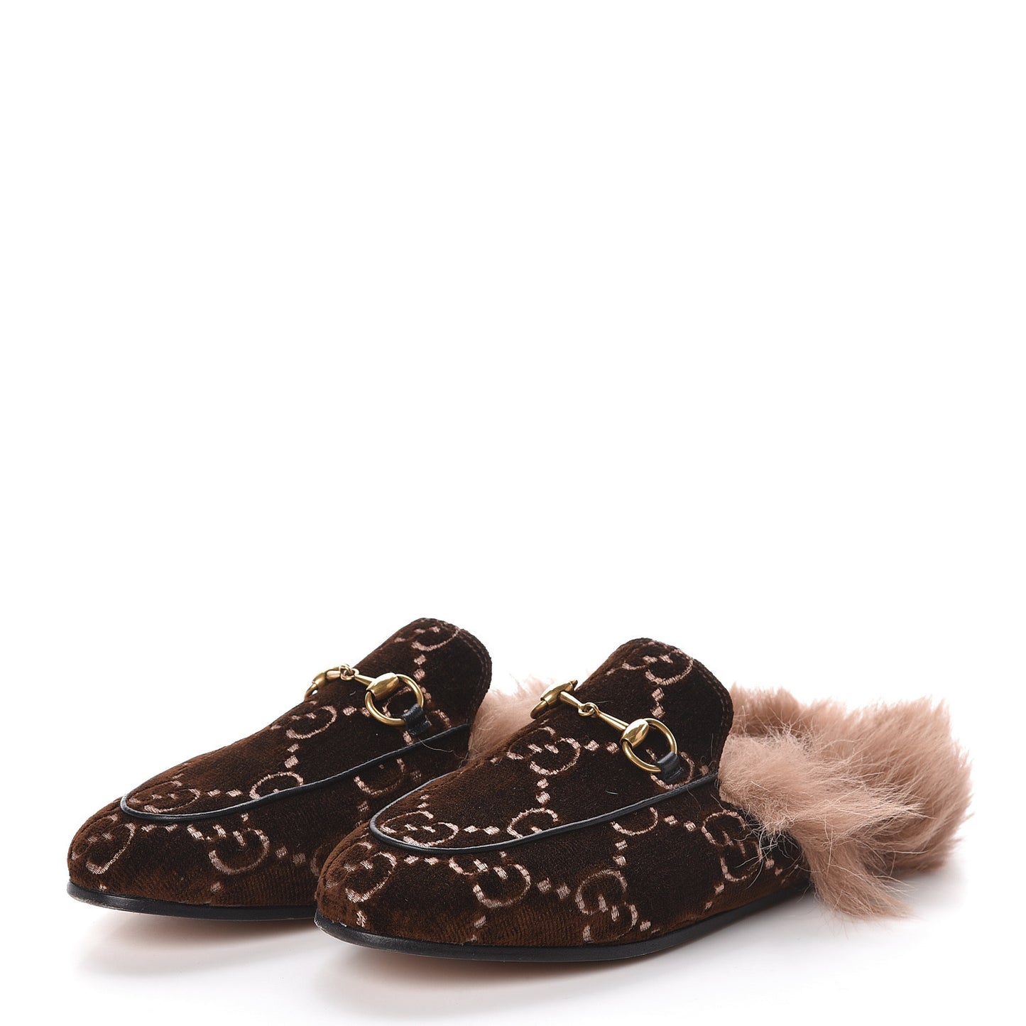 Velvet GG Monogram Fur Womens Princetown Slippers 35.5 Brown Black Natural