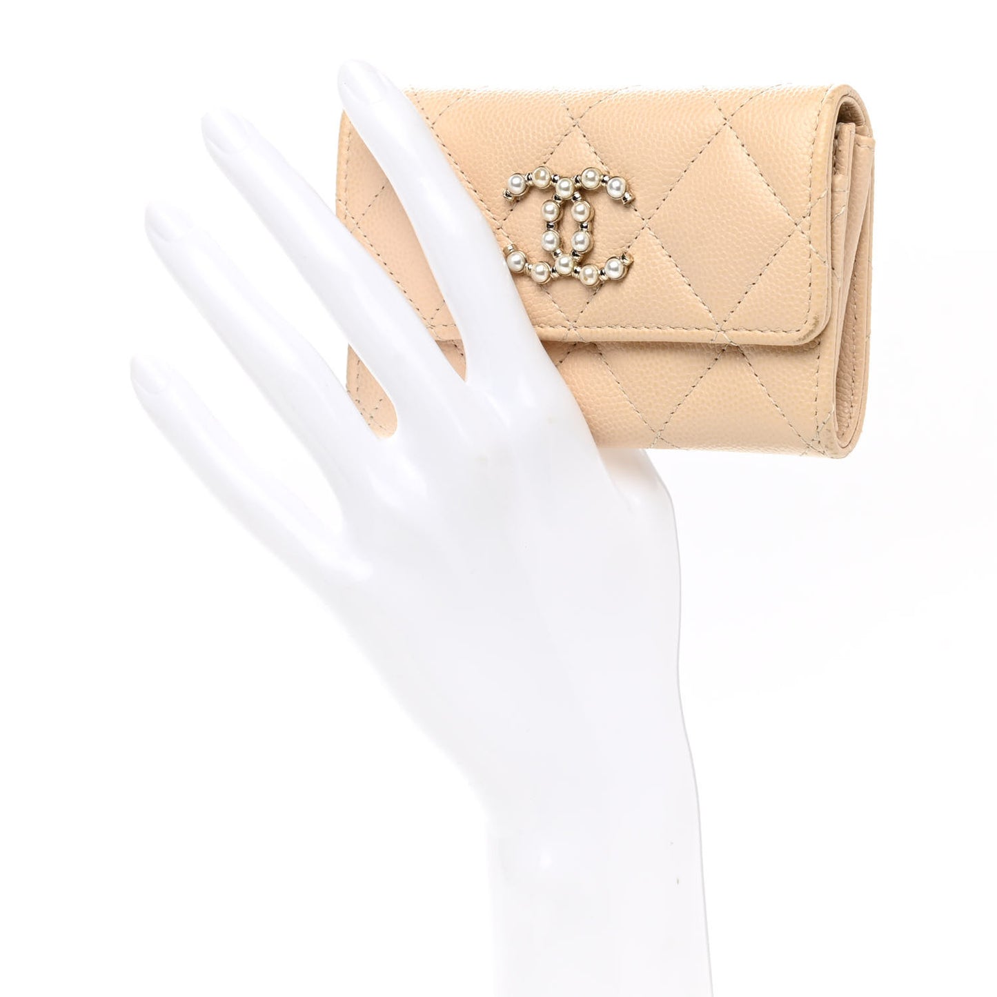 Caviar Pearl Quilted Coco Candy Flap Card Holder Beige
