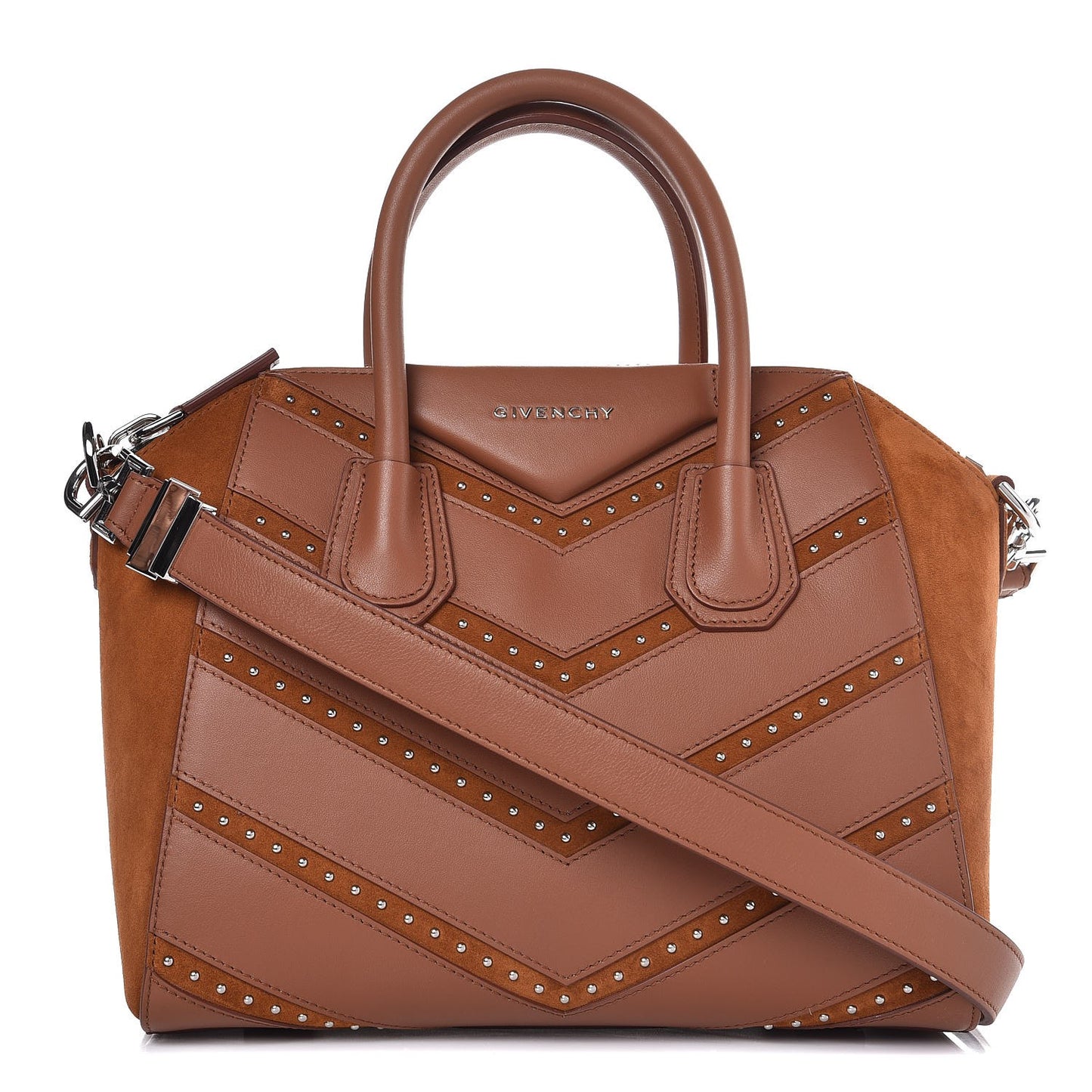 Calfskin Suede Small Studded Chevron Antigona Cognac