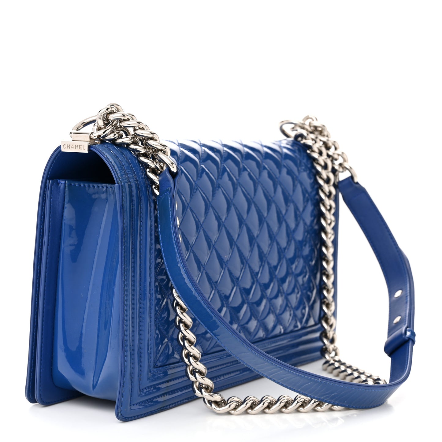 Patent Calfskin Quilted New Medium Plexiglass Boy Flap Blue