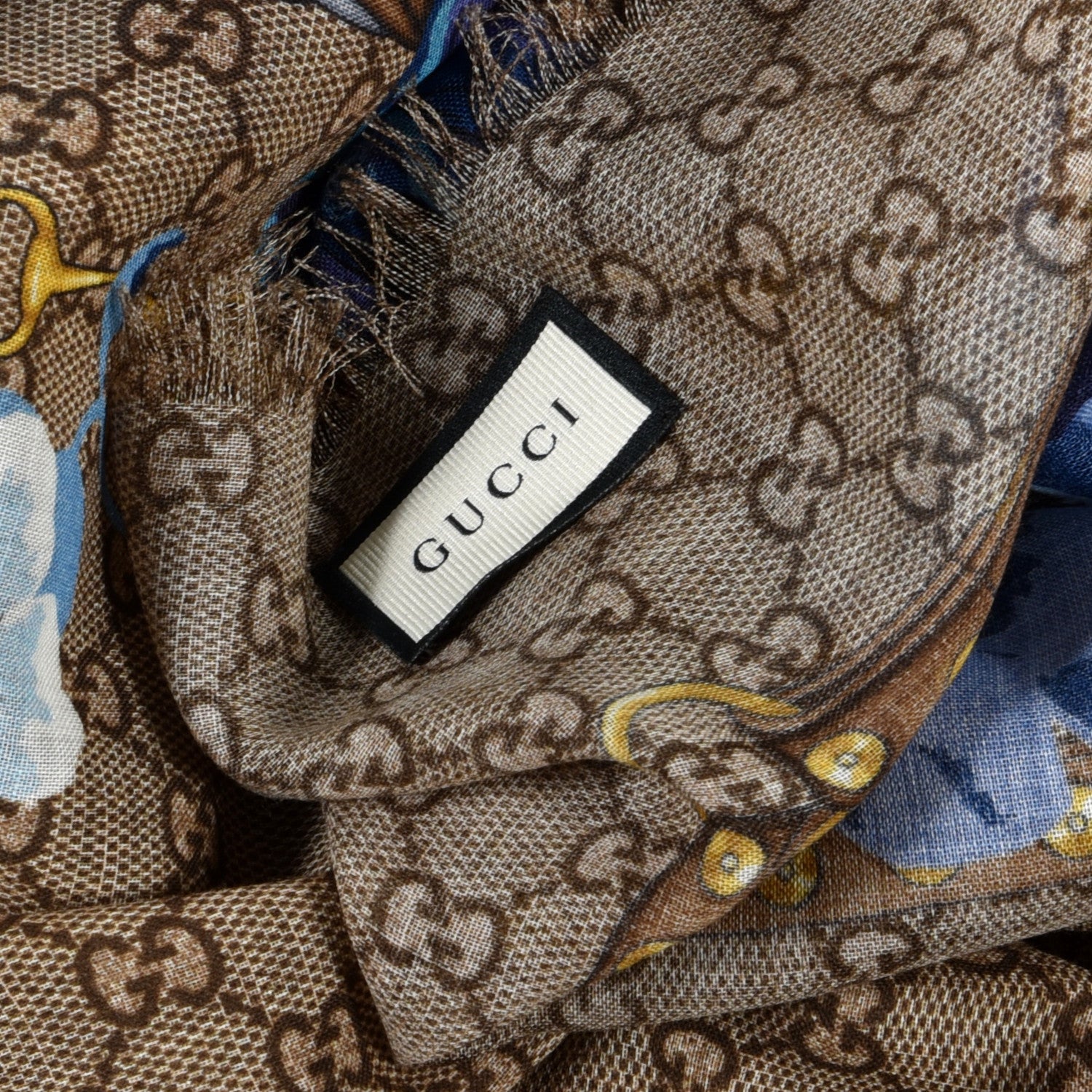 Gucci Wool Jacquard GG Monogram Big Panshie Fringe Shawl Sapphire Beige 3 of 3