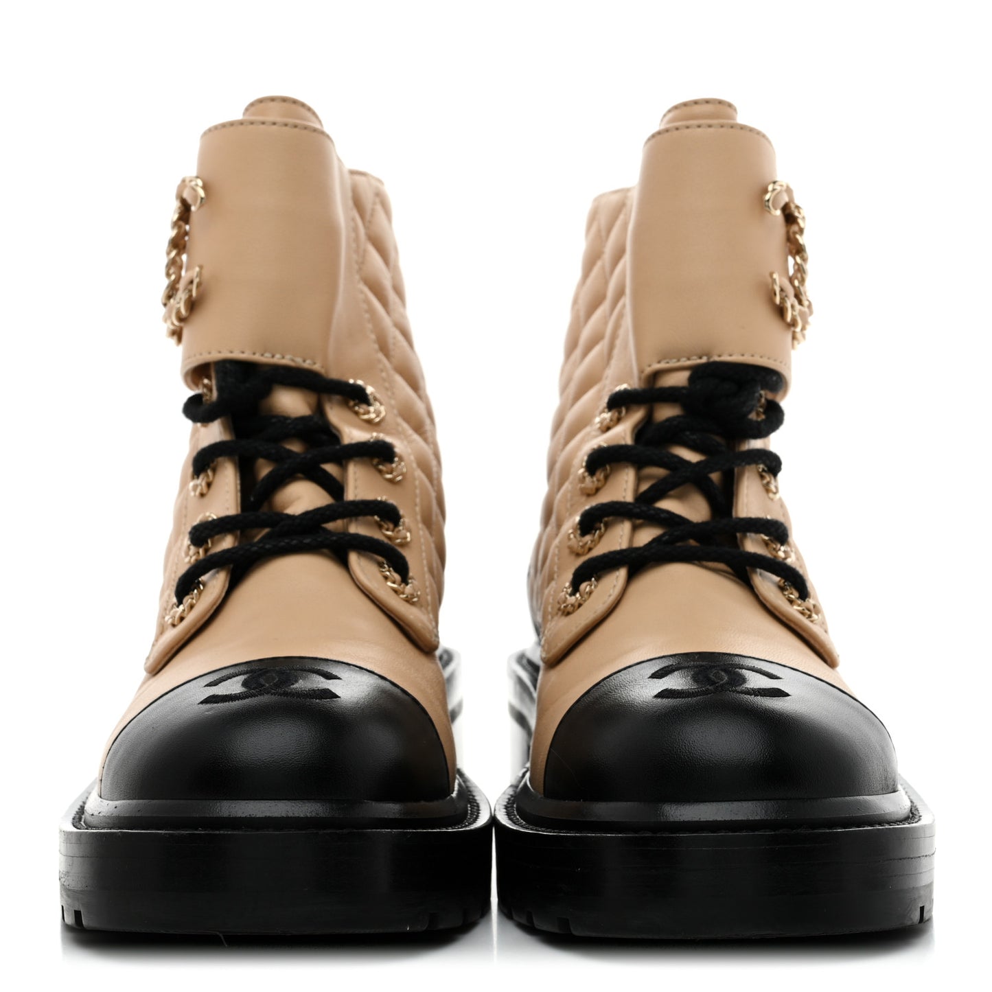 Lambskin Calfskin Quilted Lace Up Combat Boots 36.5 Beige Black